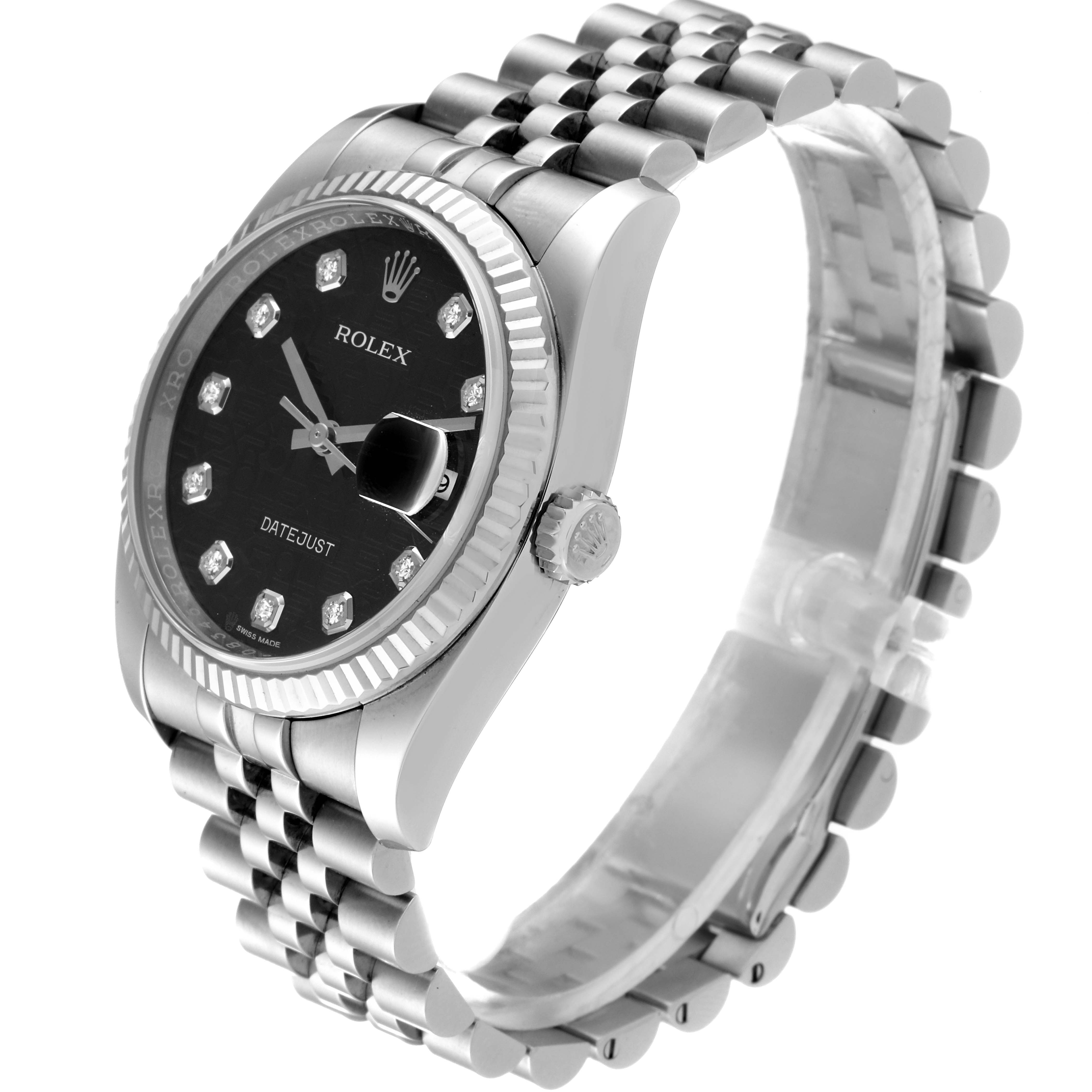 The Rolex Datejust 116234 Men
s Stainless Steel Black Dial 116234 Men
s Stainless Steel Black Dial watch is shown at a three-quarter angle, highlighting the face, bezel, crown, and jubilee bracelet.