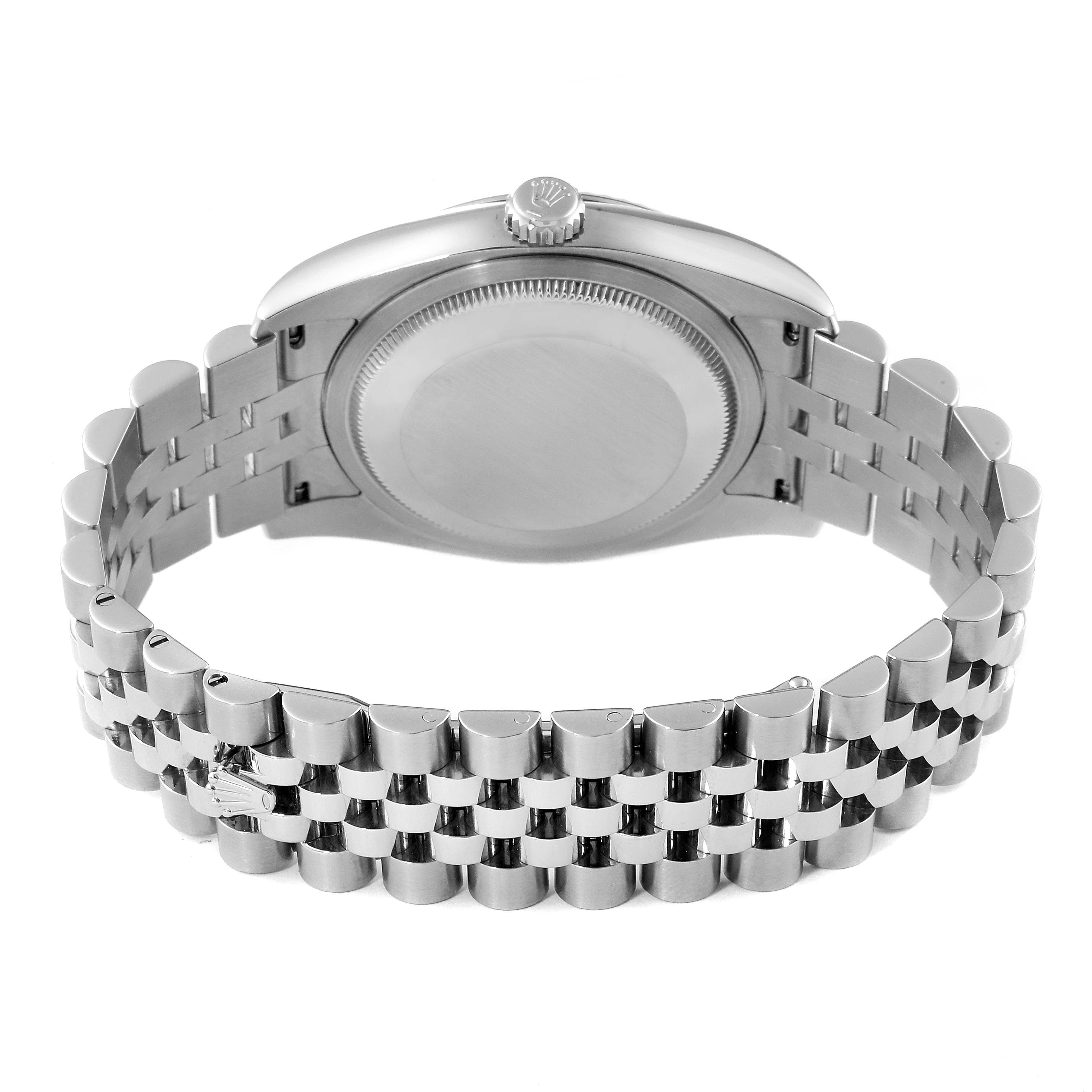 The image shows the back view of a Rolex Datejust 116234 Men
s Stainless Steel Black Dial 116234 Men
s Stainless Steel Black Dial watch, highlighting the case back, crown, and Jubilee bracelet.