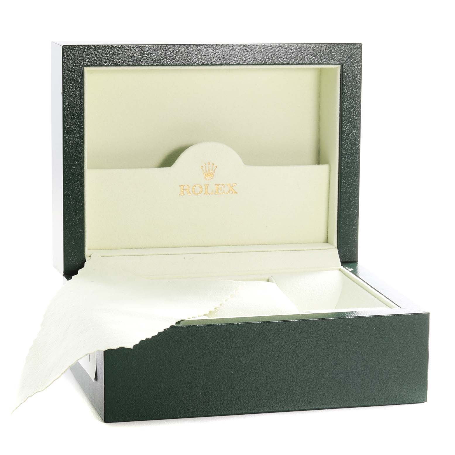 The image shows an open Rolex Datejust 116234 Men
s Stainless Steel Black Dial 116234 Men
s Stainless Steel Black Dial watch box, featuring the lid inscription and interior compartments.