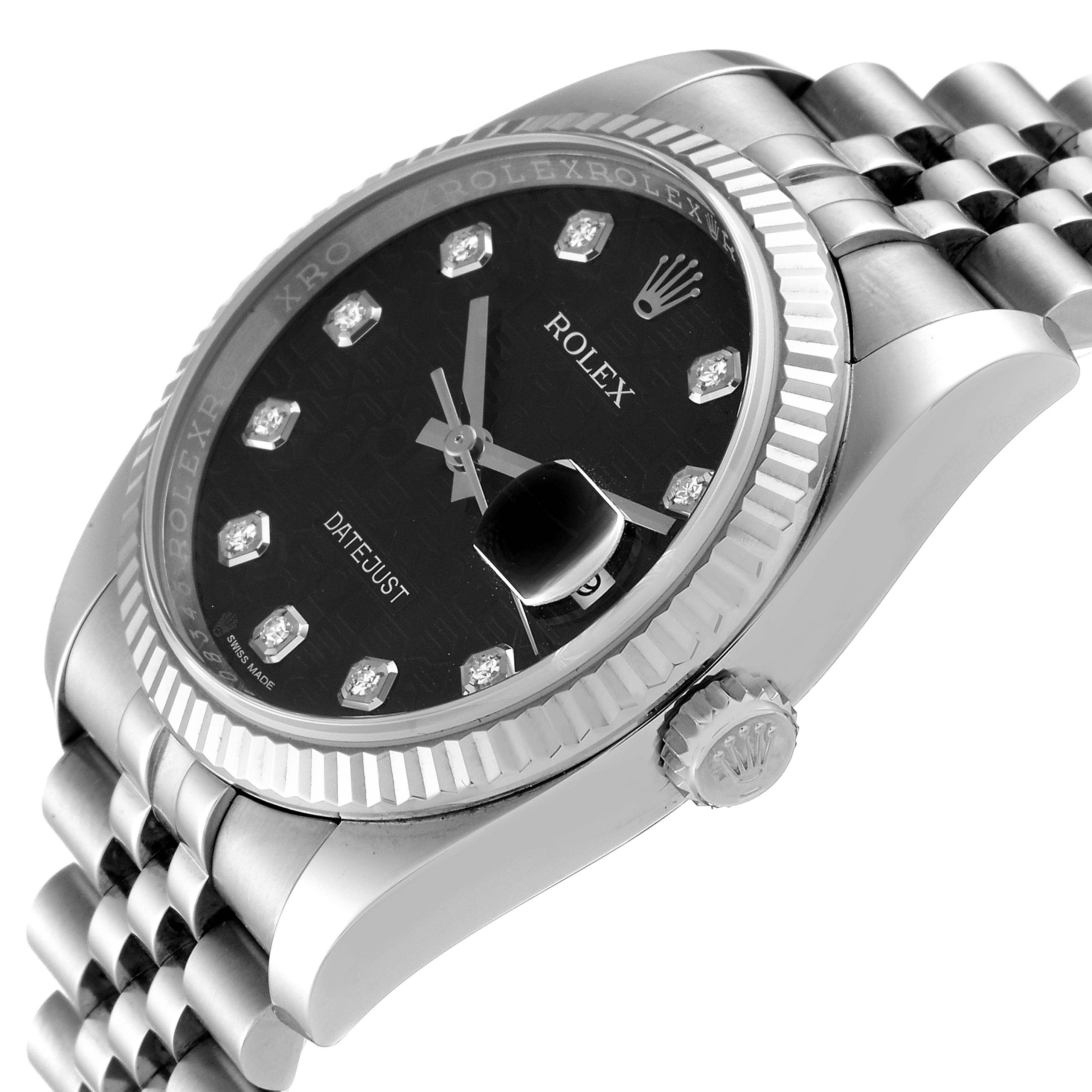 The image shows a Rolex Datejust 116234 Men
s Stainless Steel Black Dial 116234 Men
s Stainless Steel Black Dial watch from an angled side view, highlighting its dial, crown, and bracelet.