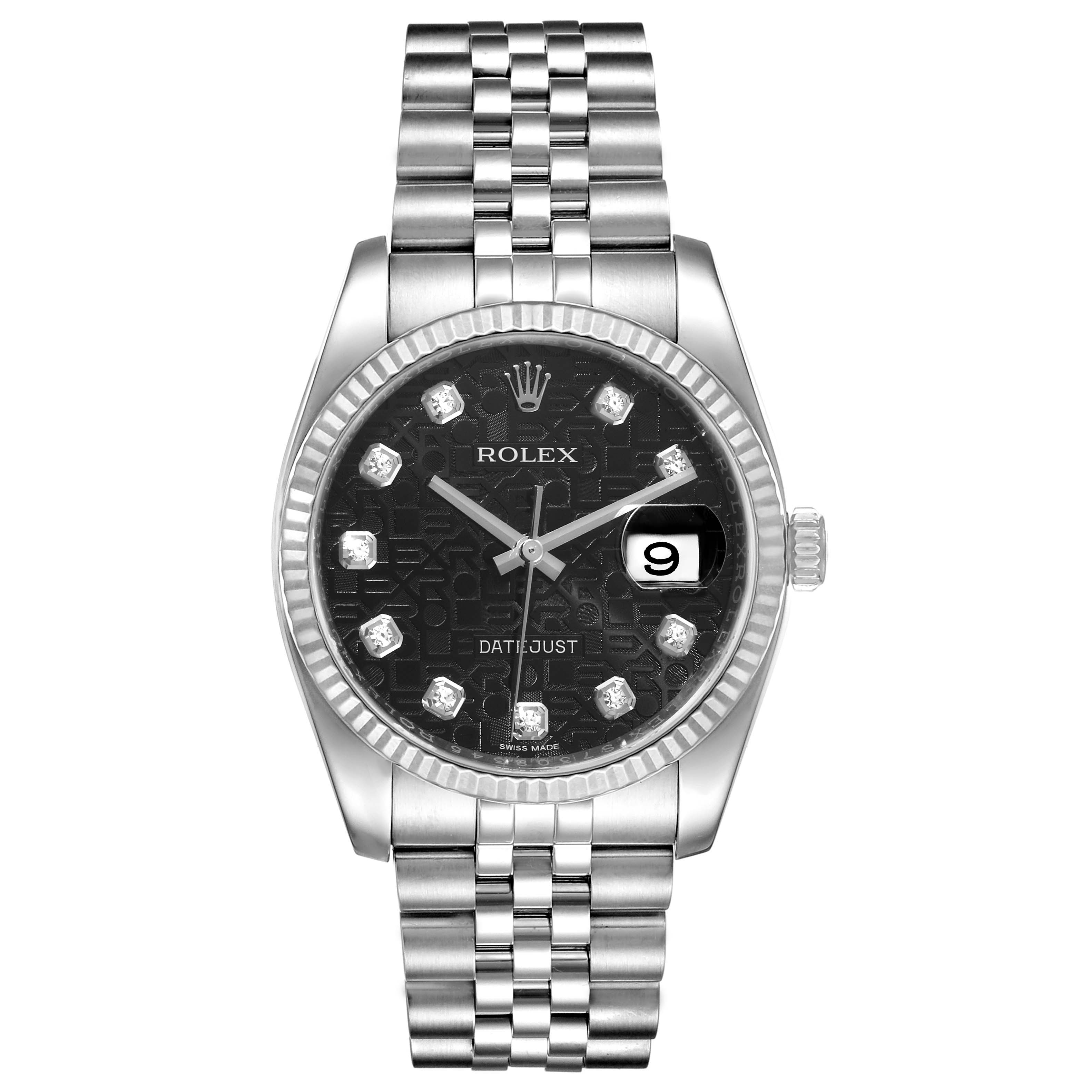 The image shows a frontal view of a Rolex Datejust 116234 Men
s Stainless Steel Black Dial 116234 Men
s Stainless Steel Black Dial watch with a silver bracelet and a black dial featuring diamond hour markers.