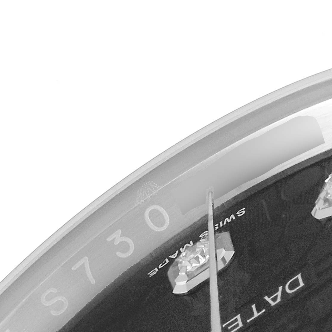 The image shows a close-up of the dial and bezel of a Rolex Datejust 116234 Men
s Stainless Steel Black Dial 116234 Men
s Stainless Steel Black Dial watch, highlighting details like diamond markers and part of the rehaut.