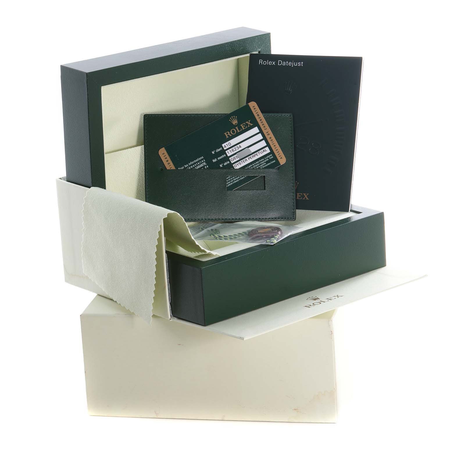 The image shows packaging and accessories for a Rolex Datejust 116234 Men's Stainless Steel Silver Dial 116234 Men's Stainless Steel Silver Dial watch, including the box, warranty card, booklet, and protective cloth.