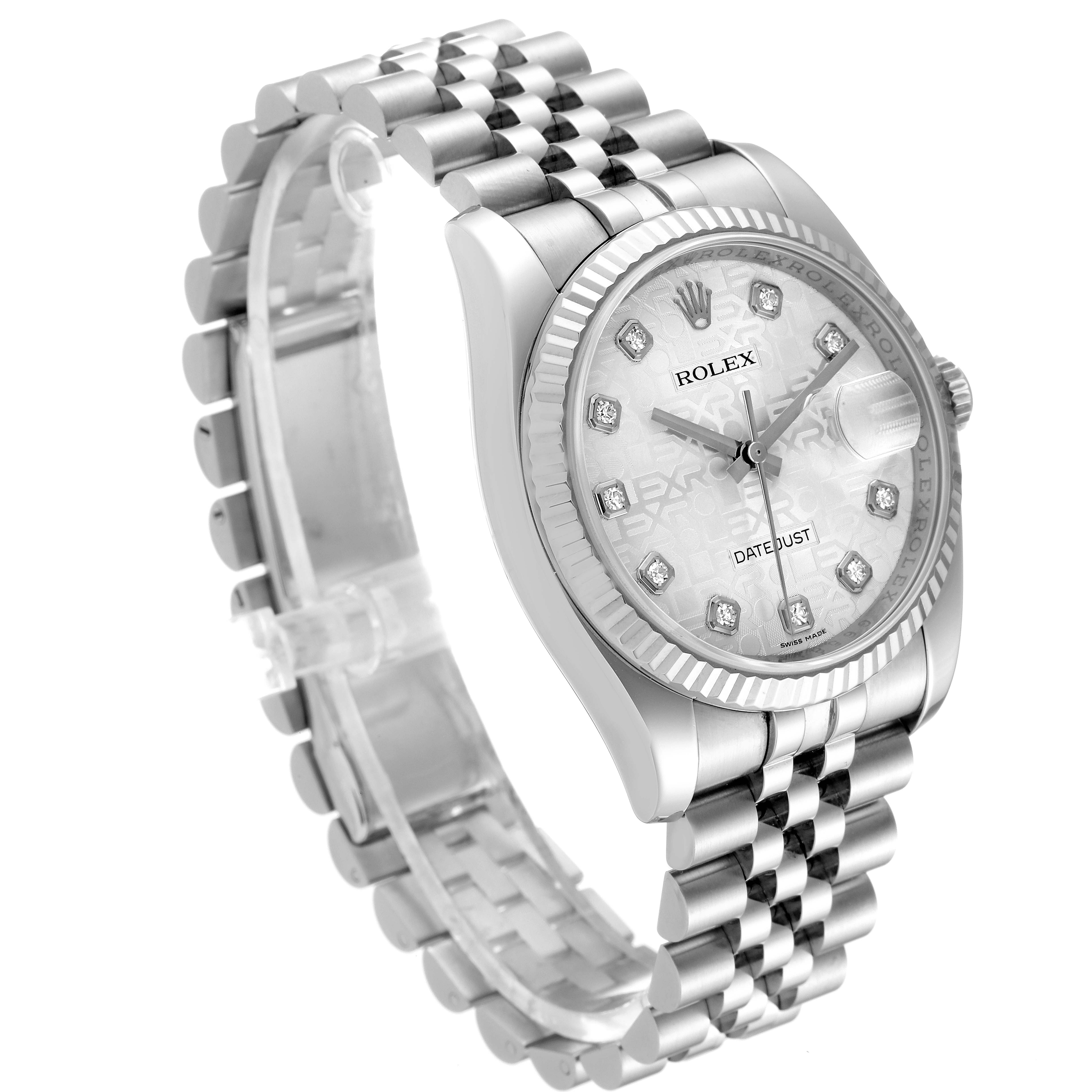 The image shows a Rolex Datejust 116234 Men's Stainless Steel Silver Dial 116234 Men's Stainless Steel Silver Dial watch at a three-quarter angle, displaying the dial, bezel, crown, and Jubilee bracelet.