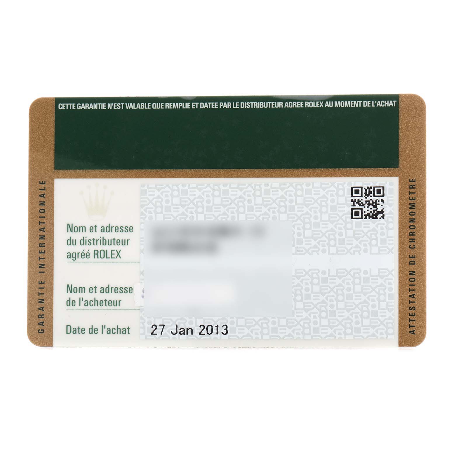 This image shows the warranty card for a Rolex Datejust 116234 Men's Stainless Steel Silver Dial 116234 Men's Stainless Steel Silver Dial watch, including purchase and distributor details.