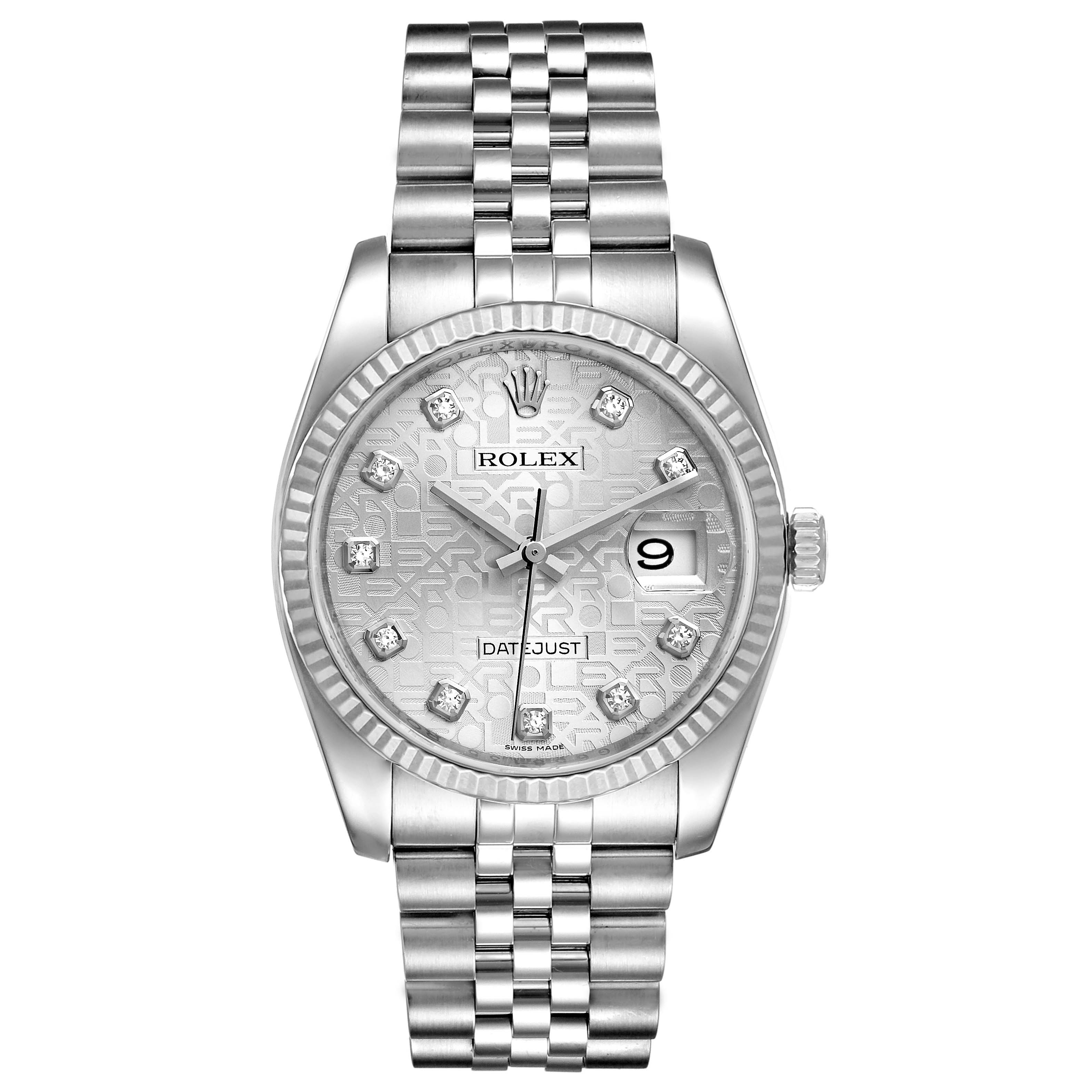 This is a frontal view of a Rolex Datejust 116234 Men's Stainless Steel Silver Dial 116234 Men's Stainless Steel Silver Dial, displaying its face, crown, bezel, and jubilee bracelet.