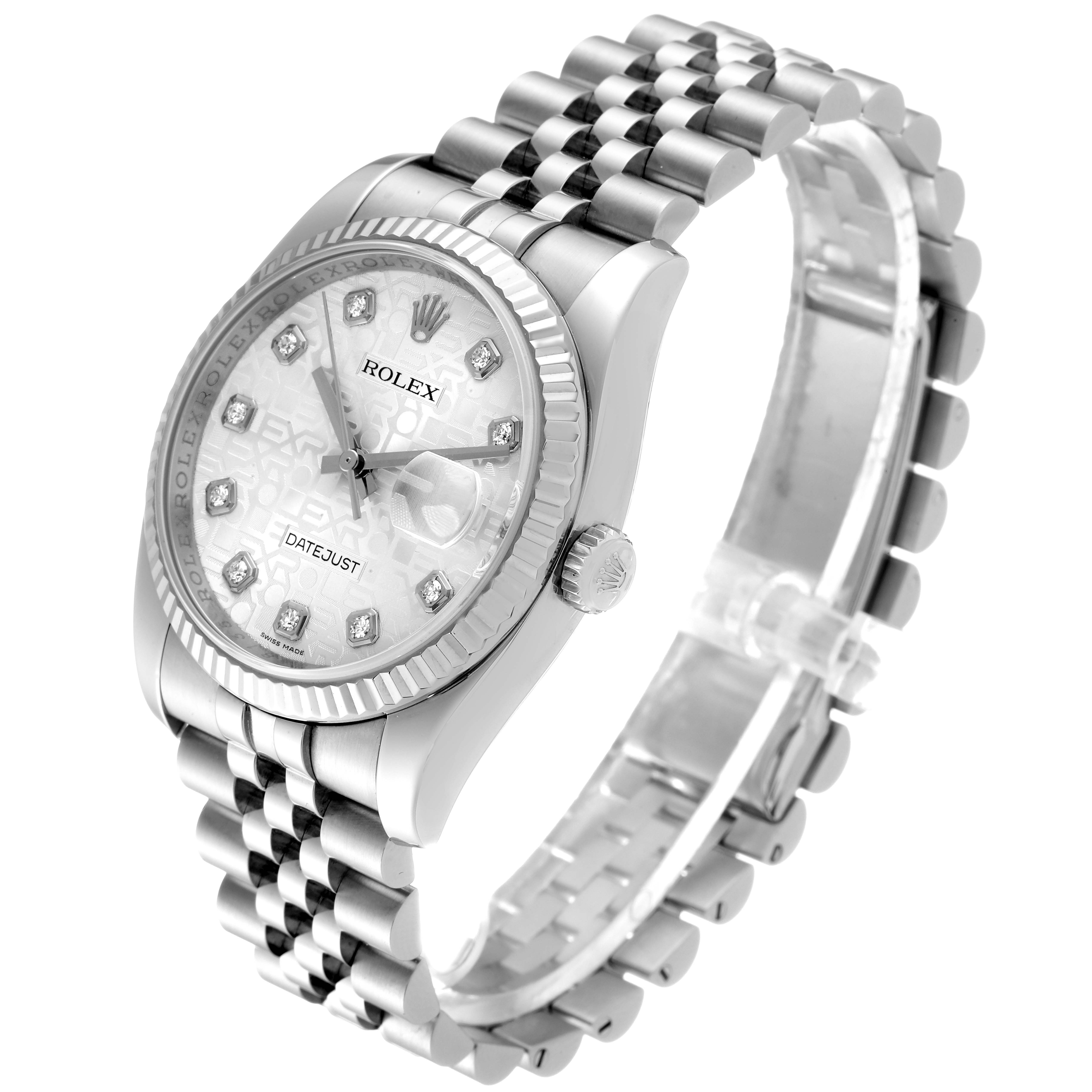This image shows a Datejust model by Rolex at an oblique angle, highlighting the face, bezel, crown, and part of the bracelet.