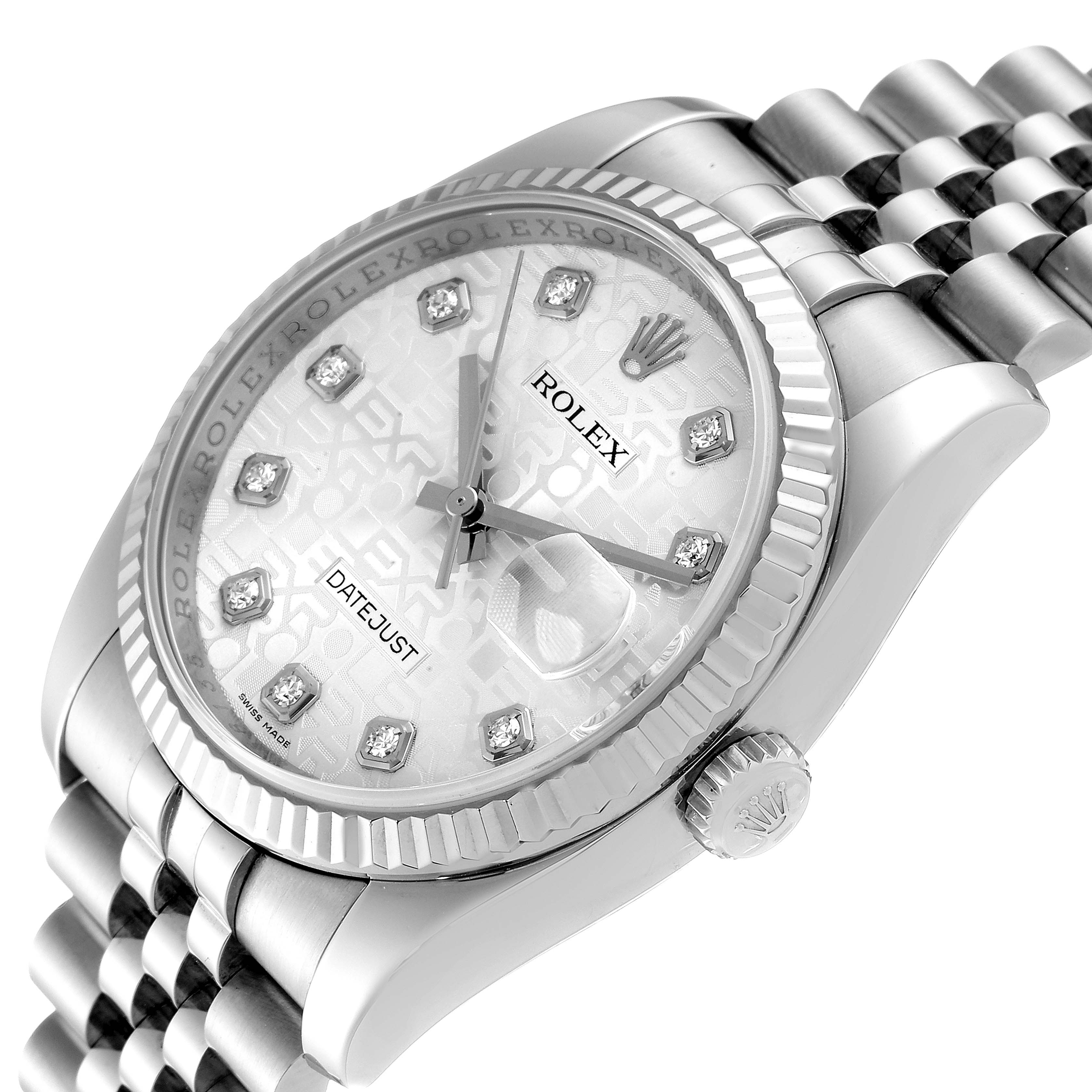 This image shows a close-up angled view of the Rolex Datejust 116234 Men's Stainless Steel Silver Dial 116234 Men's Stainless Steel Silver Dial watch, highlighting the face, bezel, and part of the bracelet.