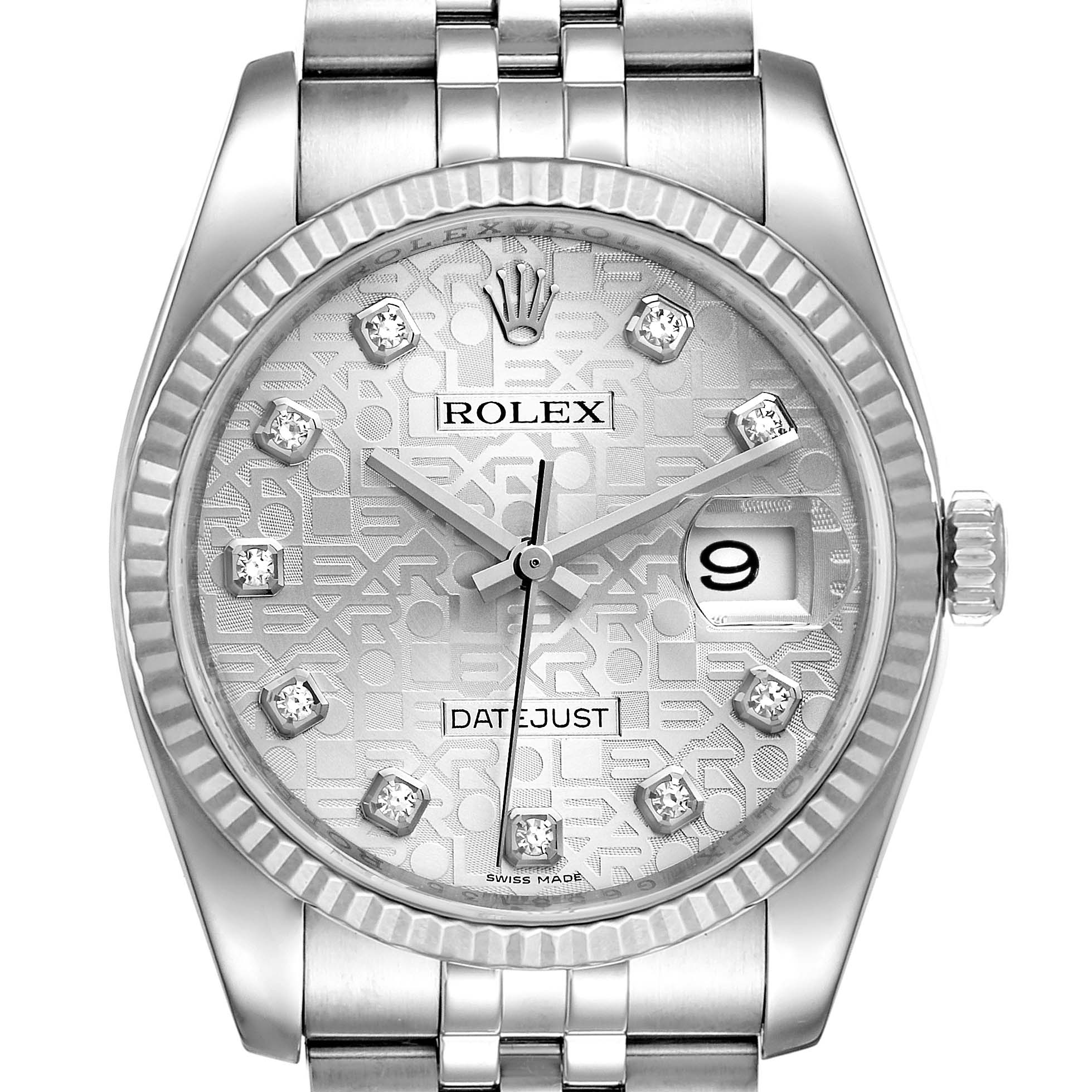 The image shows a front view of a Rolex Datejust 116234 Men's Stainless Steel Silver Dial 116234 Men's Stainless Steel Silver Dial watch, highlighting the dial, fluted bezel, crown, and partial bracelet.