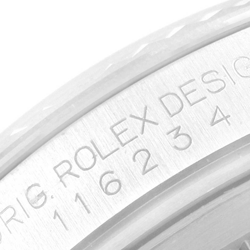 The image shows an engraved side view of the bezel and case of a Rolex Datejust 116234 Men's Stainless Steel Silver Dial 116234 Men's Stainless Steel Silver Dial watch.