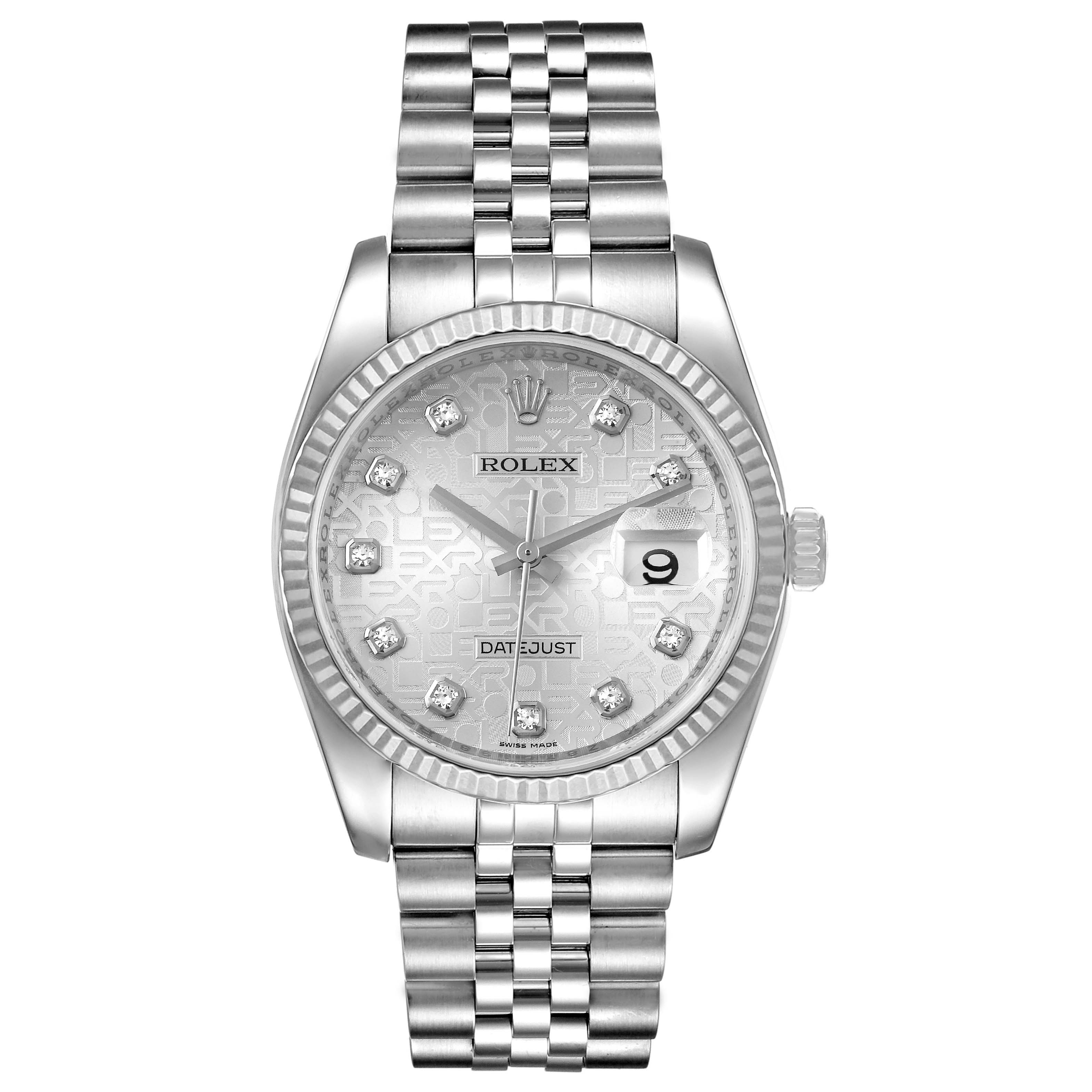 This image shows a front view of the Rolex Datejust 116234 Men's Stainless Steel Silver Dial 116234 Men's Stainless Steel Silver Dial watch, displaying the dial, bezel, crown, and bracelet.