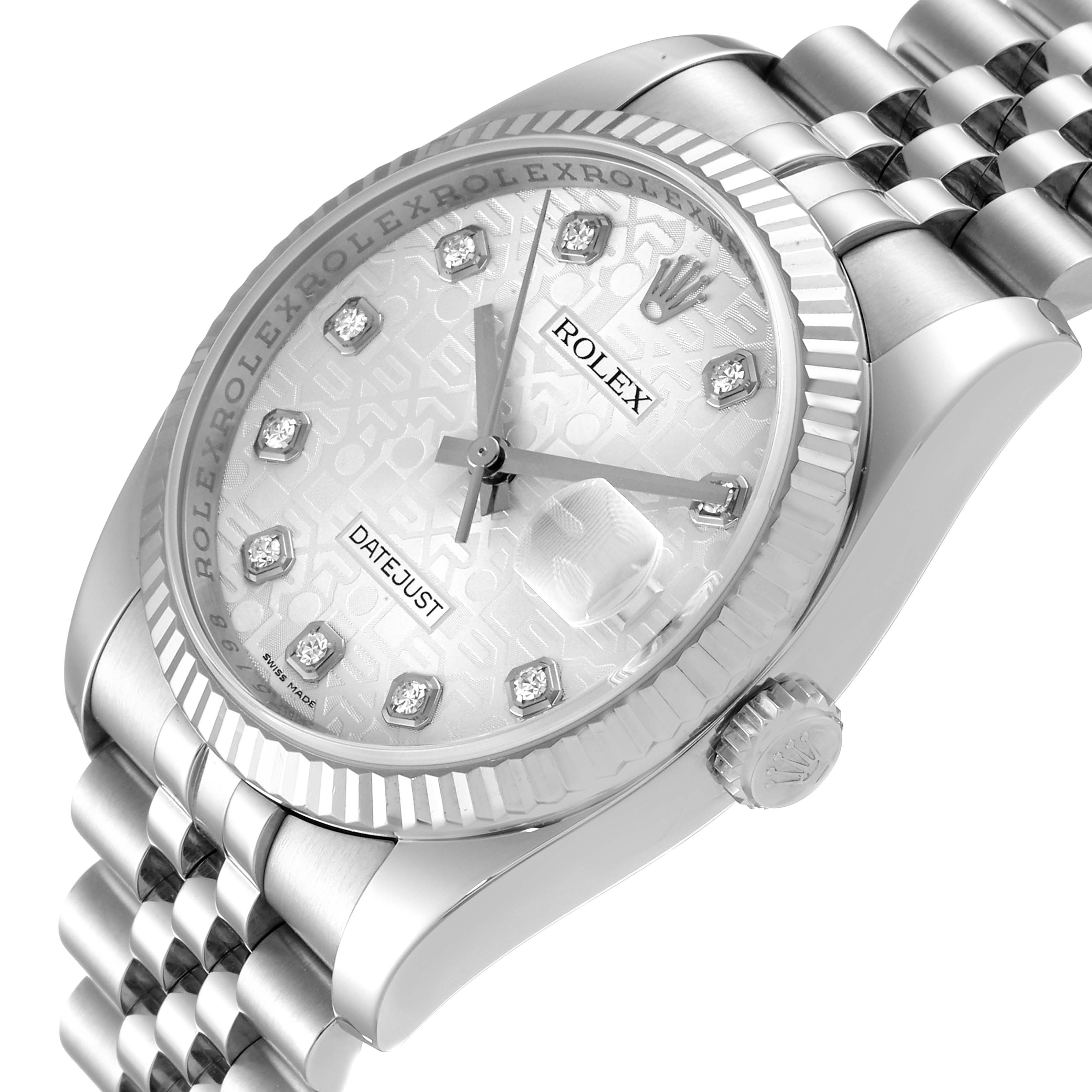 The image shows the dial, fluted bezel, crown, and part of the bracelet of a Rolex Datejust 116234 Men's Stainless Steel Silver Dial 116234 Men's Stainless Steel Silver Dial watch.