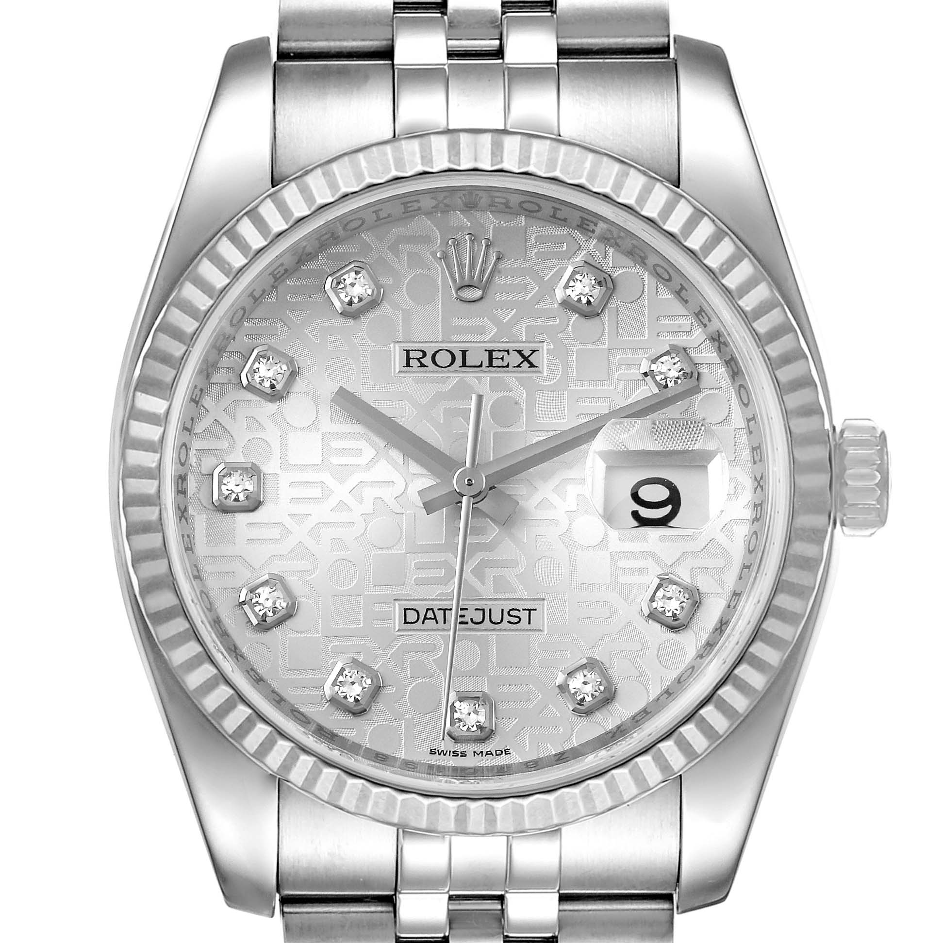 The image shows a front view of the Rolex Datejust 116234 Men's Stainless Steel Silver Dial 116234 Men's Stainless Steel Silver Dial watch, displaying its dial, fluted bezel, crown, and part of the bracelet.