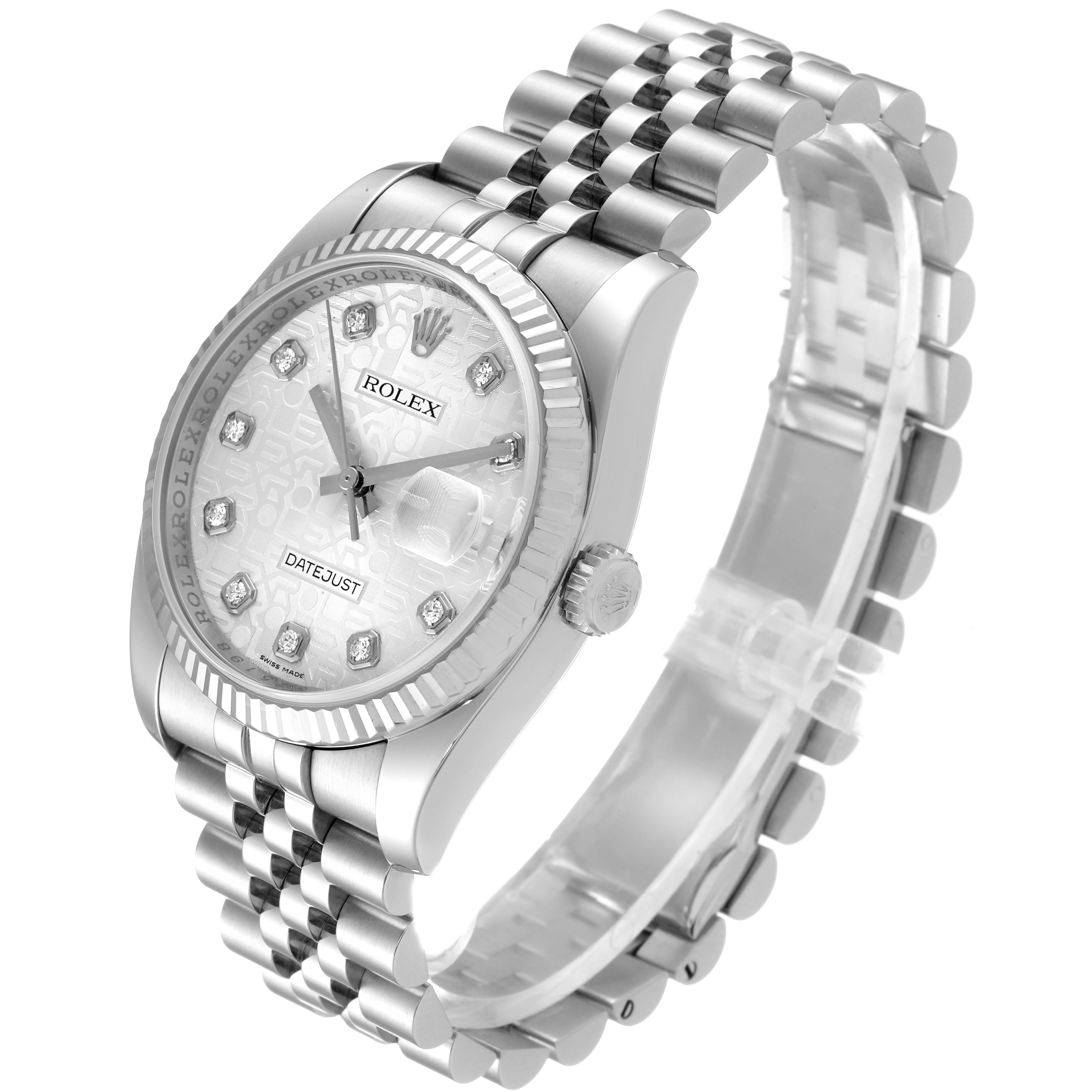This image shows a side-angle view of a Rolex Datejust 116234 Men's Stainless Steel Silver Dial 116234 Men's Stainless Steel Silver Dial watch, highlighting the face, crown, and bracelet.