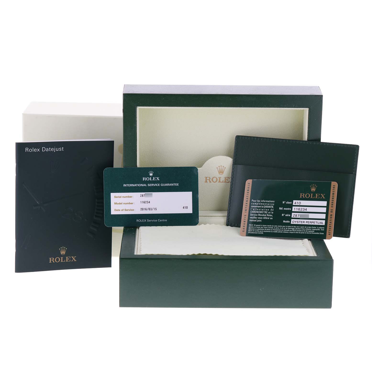 The image shows a Rolex Datejust 116234 Men's Stainless Steel Silver Dial 116234 Men's Stainless Steel Silver Dial watch box, warranty cards, a booklet, and an international service guarantee card.