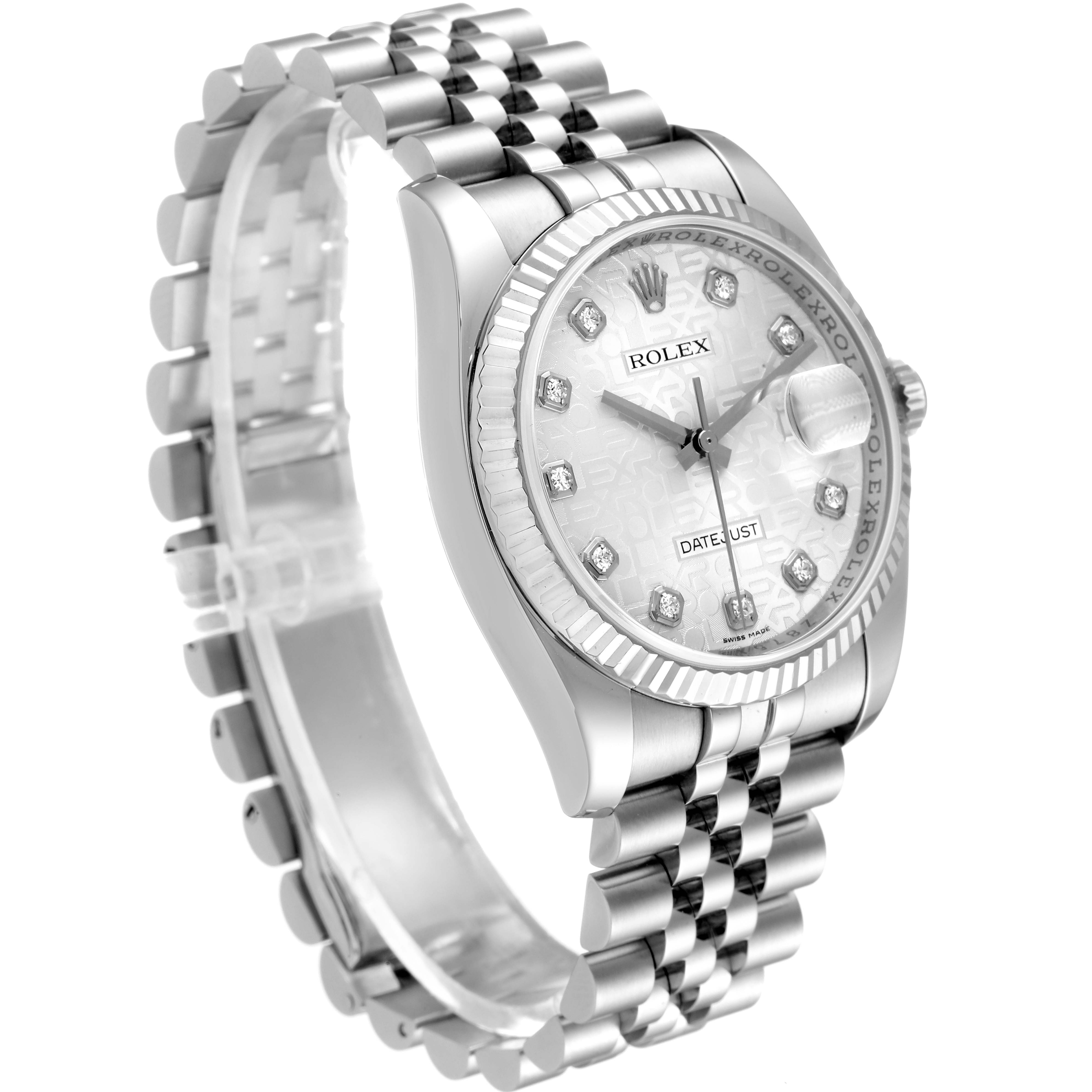 The Rolex Datejust 116234 Men's Stainless Steel Silver Dial 116234 Men's Stainless Steel Silver Dial watch is shown at a three-quarter angle, displaying its band, bezel, and face clearly.