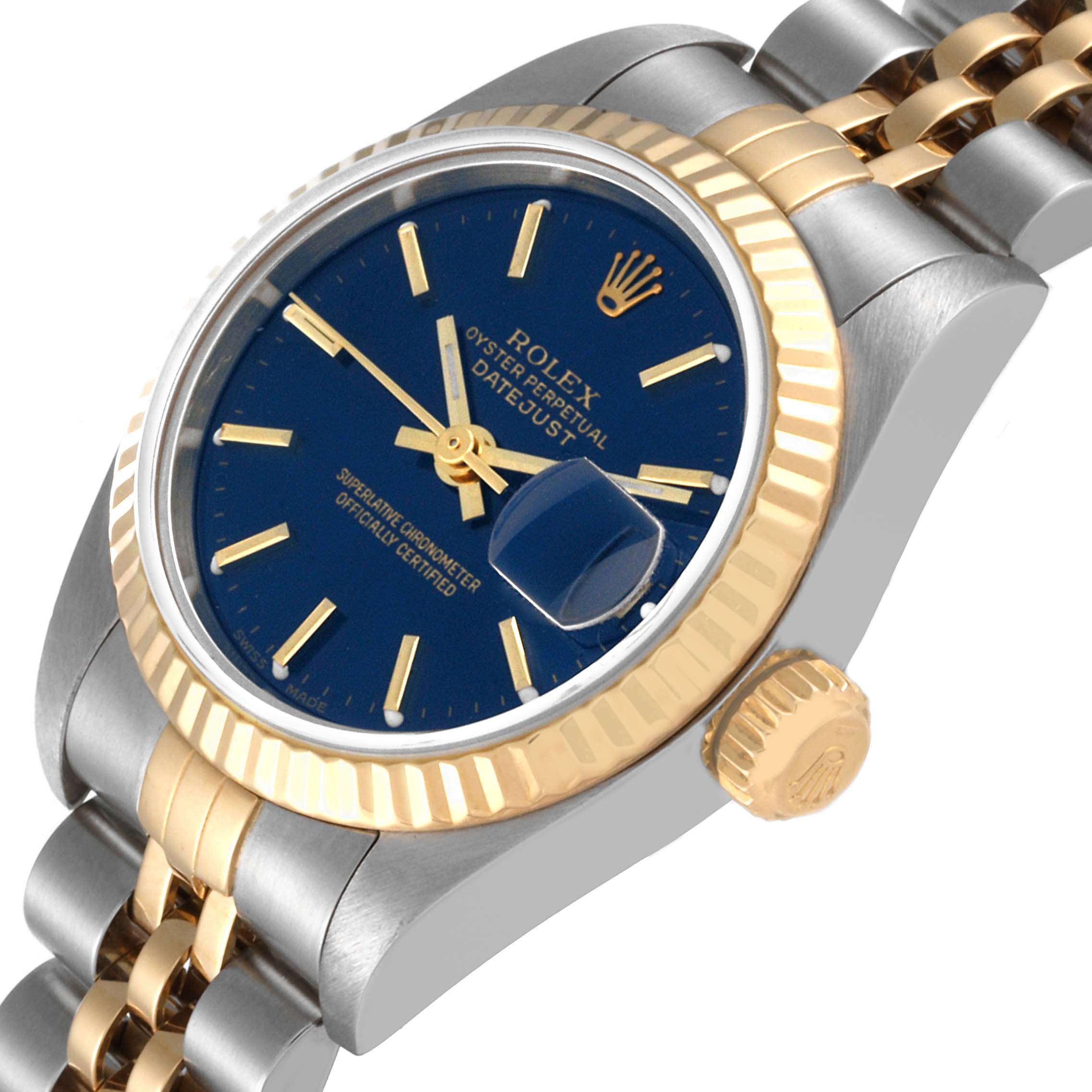 The image shows a Rolex Datejust 79173 Women's Steel and Gold (two tone) Blue Dial 79173 Women's Steel and Gold (two tone) Blue Dial watch at a slight angle, highlighting its blue dial, gold fluted bezel, and two-tone bracelet.