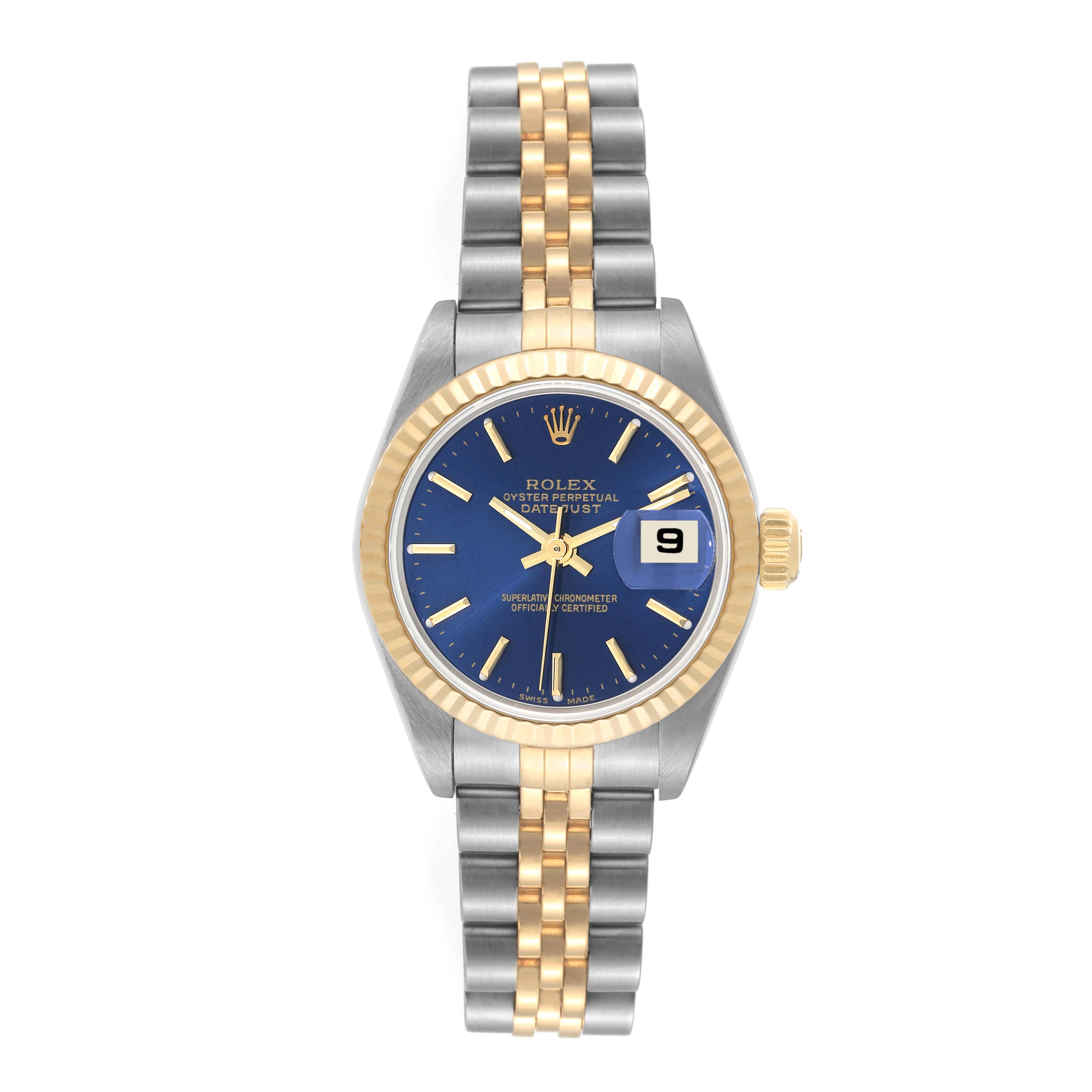 This image shows a Rolex Datejust 79173 Women's Steel and Gold (two tone) Blue Dial 79173 Women's Steel and Gold (two tone) Blue Dial watch from a top-down view, highlighting its blue dial, gold fluted bezel, and two-tone bracelet.
