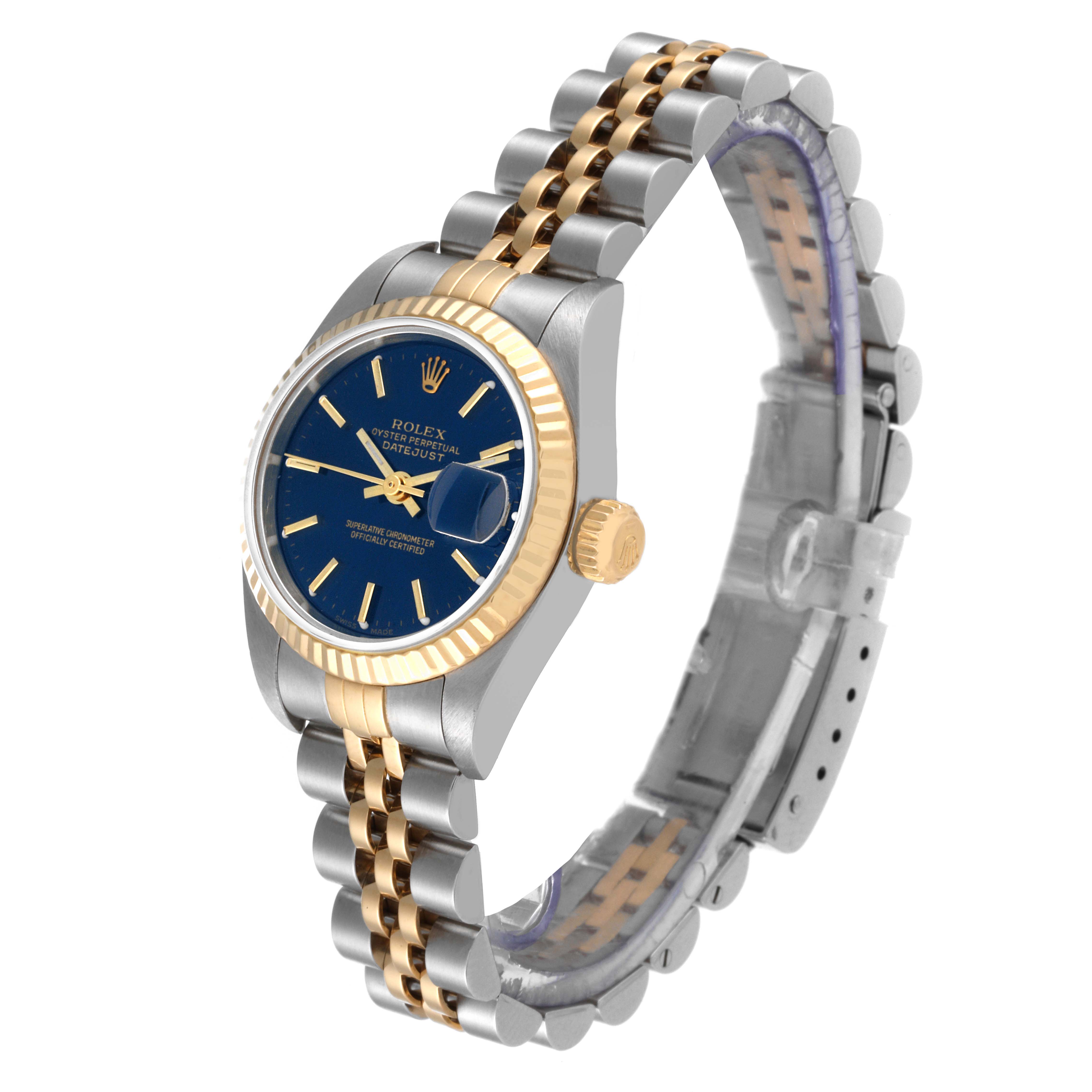 The Rolex Datejust 79173 Women's Steel and Gold (two tone) Blue Dial 79173 Women's Steel and Gold (two tone) Blue Dial model watch is shown from a side angle, displaying the face, crown, and part of the Jubilee bracelet.