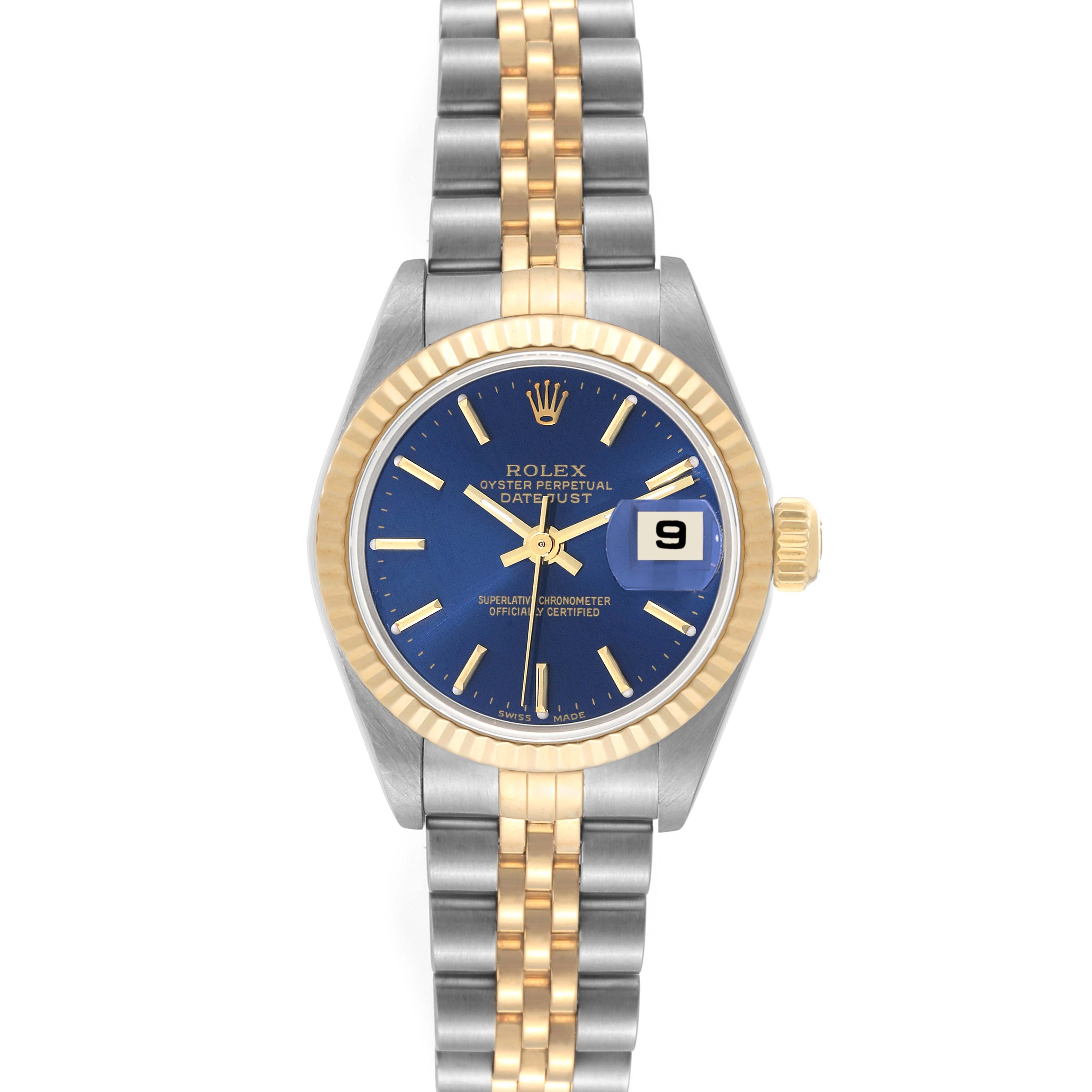 This image shows the face and bracelet of a Rolex Datejust 79173 Women's Steel and Gold (two tone) Blue Dial 79173 Women's Steel and Gold (two tone) Blue Dial watch, featuring a blue dial and a two-tone metal bracelet.