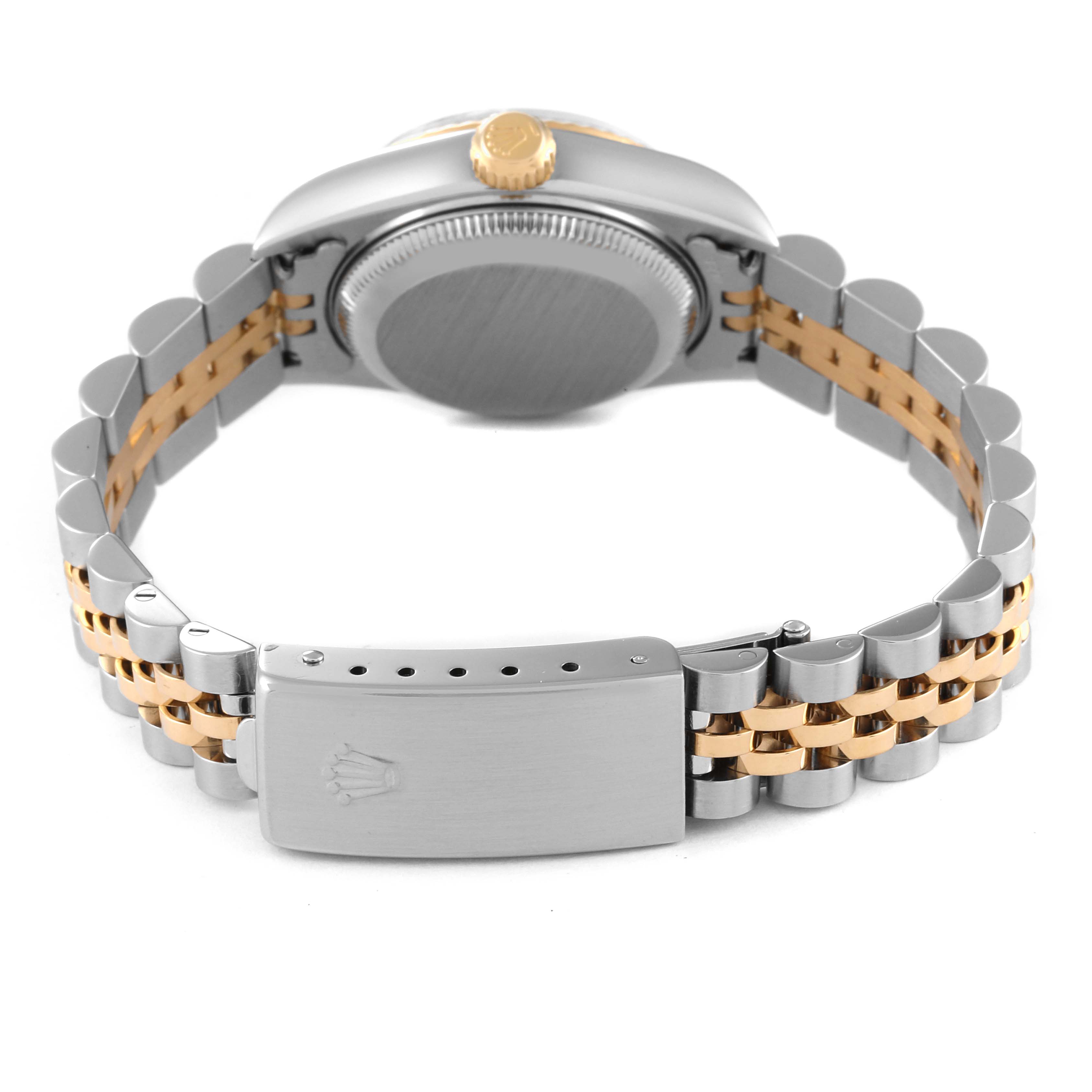 This Rolex Datejust 79173 Women's Steel and Gold (two tone) Blue Dial 79173 Women's Steel and Gold (two tone) Blue Dial watch is viewed from the back, showing the case, crown, and two-tone bracelet with the clasp visible.