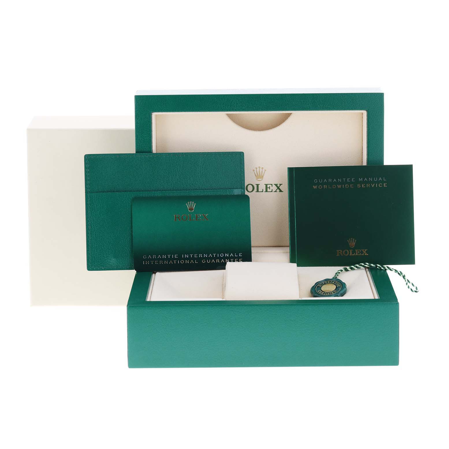 The image shows the packaging and accessories for a Rolex Datejust 126233 Men's Steel and Gold (two tone) Champagne Dial 126233 Men's Steel and Gold (two tone) Champagne Dial watch, including a box, guarantee manual, and warranty card.