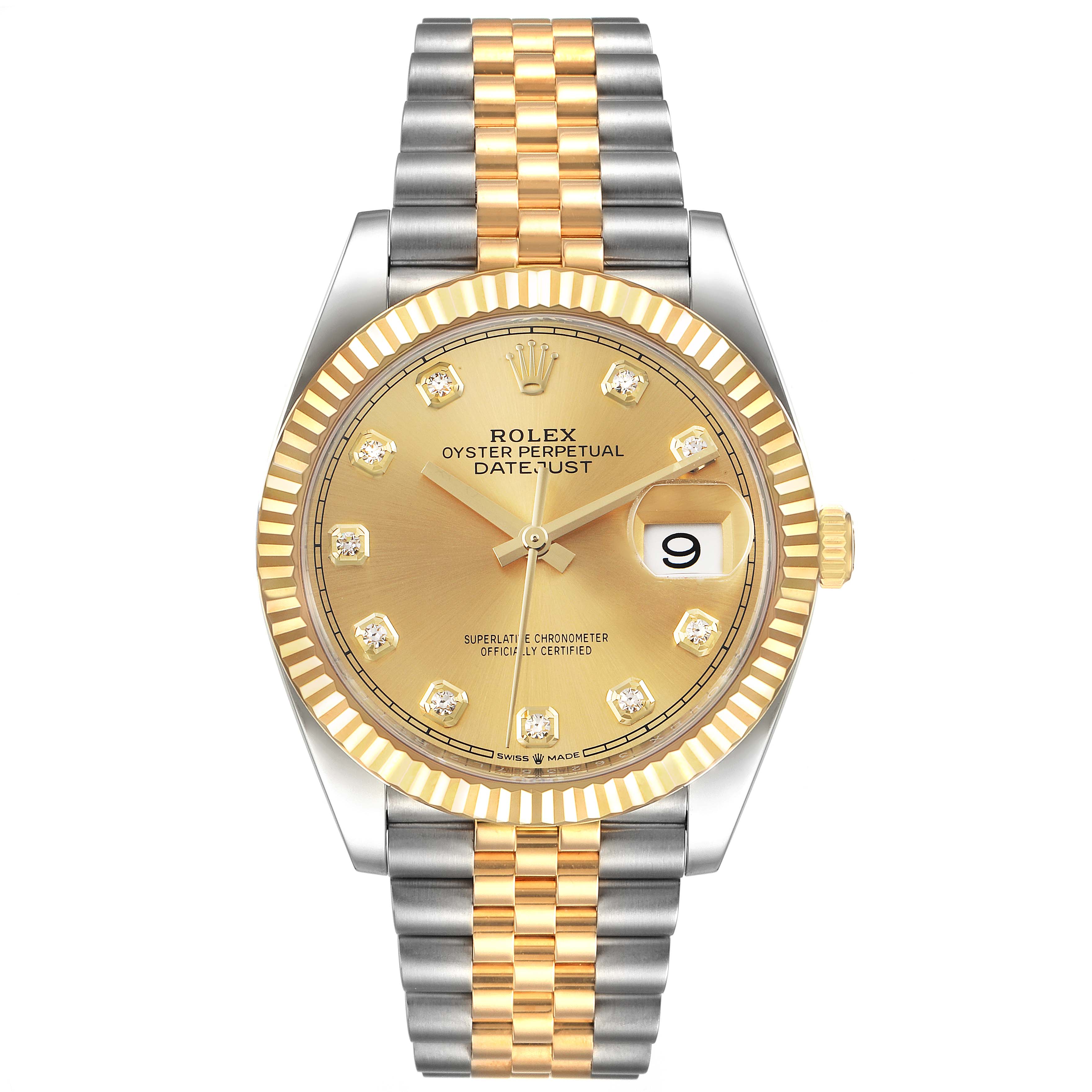 This image shows the Rolex Datejust 126233 Men's Steel and Gold (two tone) Champagne Dial 126233 Men's Steel and Gold (two tone) Champagne Dial watch from a top-down view, highlighting the dial, bezel, and bracelet.