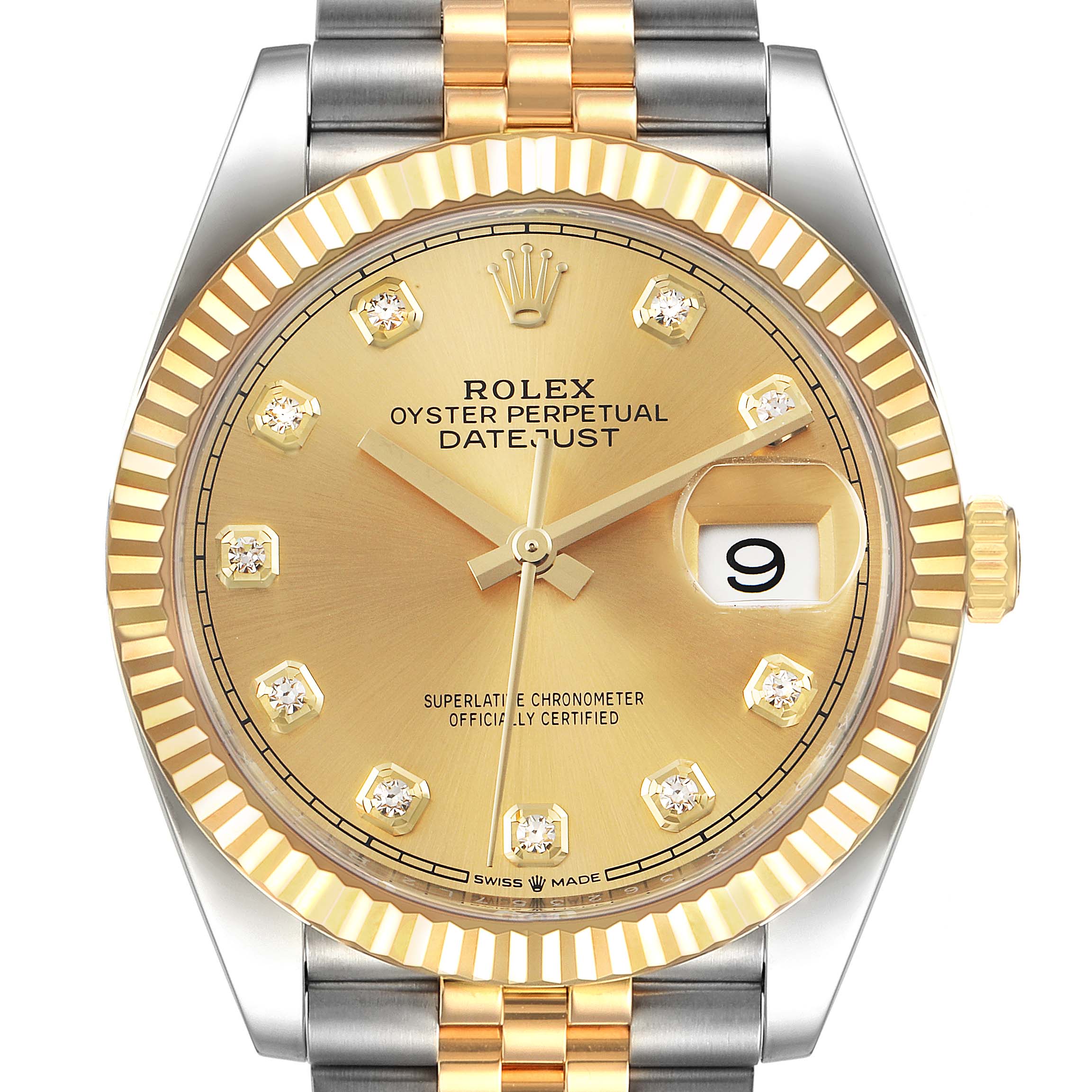 This image shows a front view of a Rolex Datejust 126233 Men's Steel and Gold (two tone) Champagne Dial 126233 Men's Steel and Gold (two tone) Champagne Dial watch, highlighting the gold dial, diamond hour markers, and two-tone bracelet.
