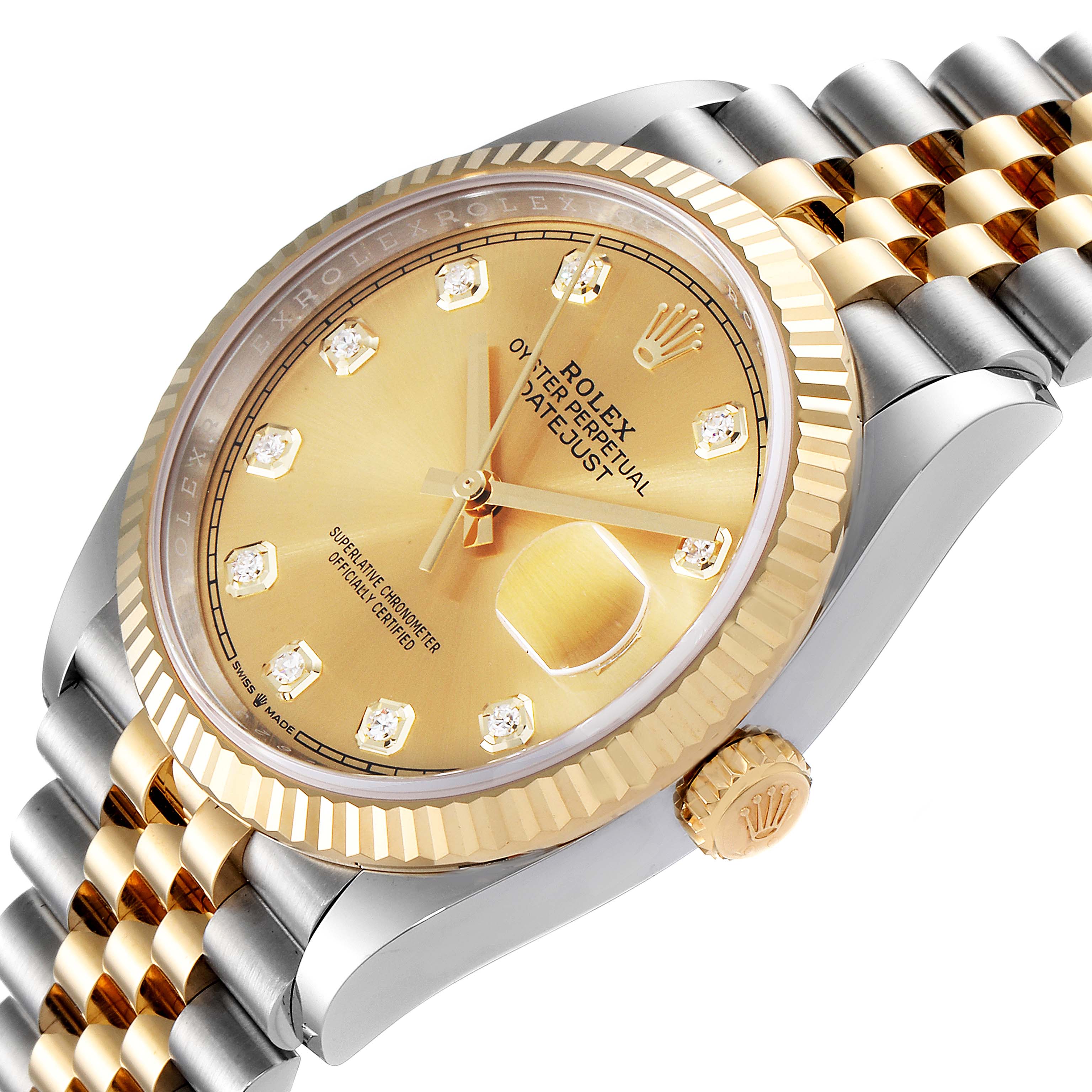 This image shows a close-up angled view of the Rolex Datejust 126233 Men's Steel and Gold (two tone) Champagne Dial 126233 Men's Steel and Gold (two tone) Champagne Dial watch, highlighting the dial, crown, and part of the bracelet.
