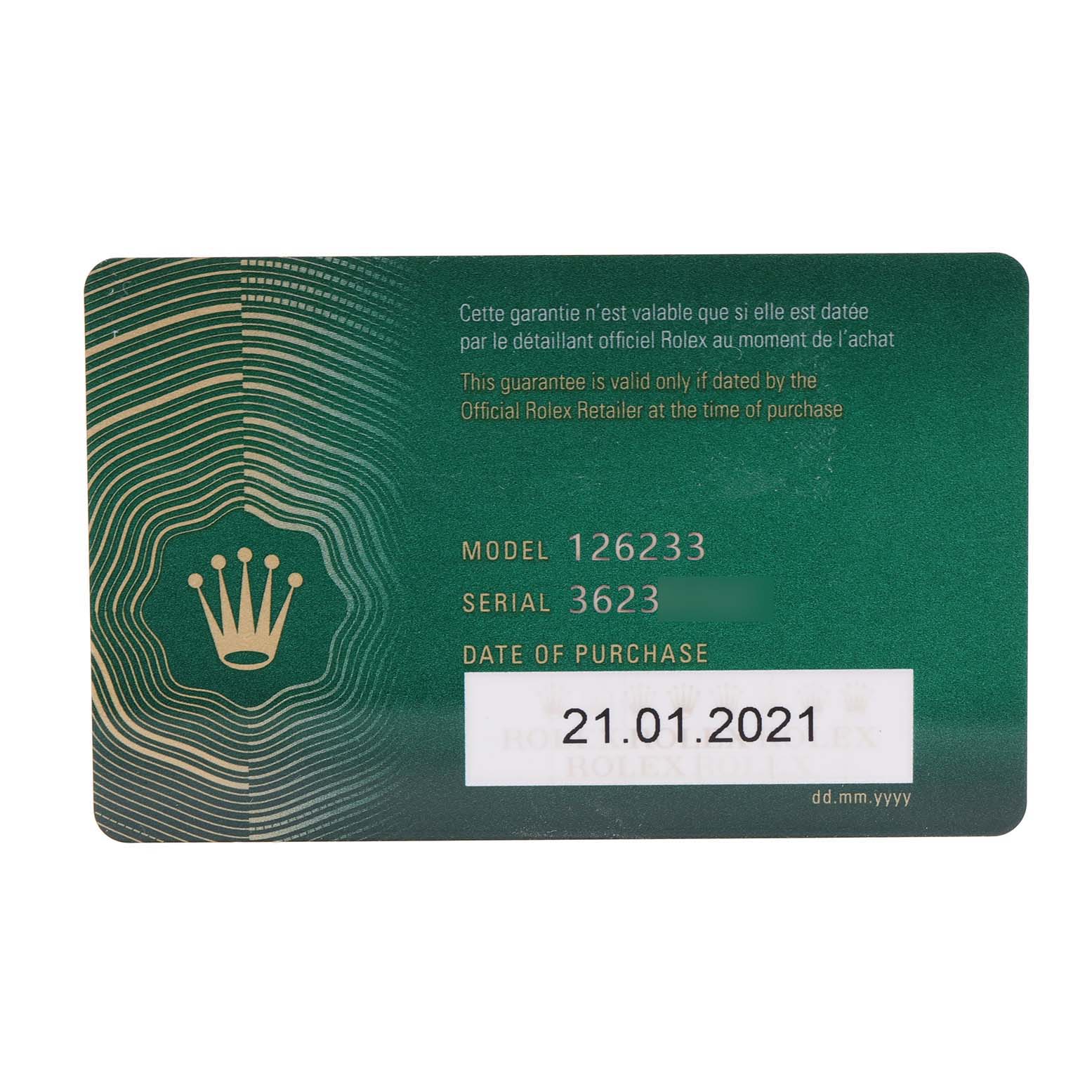 This image shows a warranty card for a Rolex Datejust 126233 Men's Steel and Gold (two tone) Champagne Dial 126233 Men's Steel and Gold (two tone) Champagne Dial model 126233, purchased on 21.01.2021.
