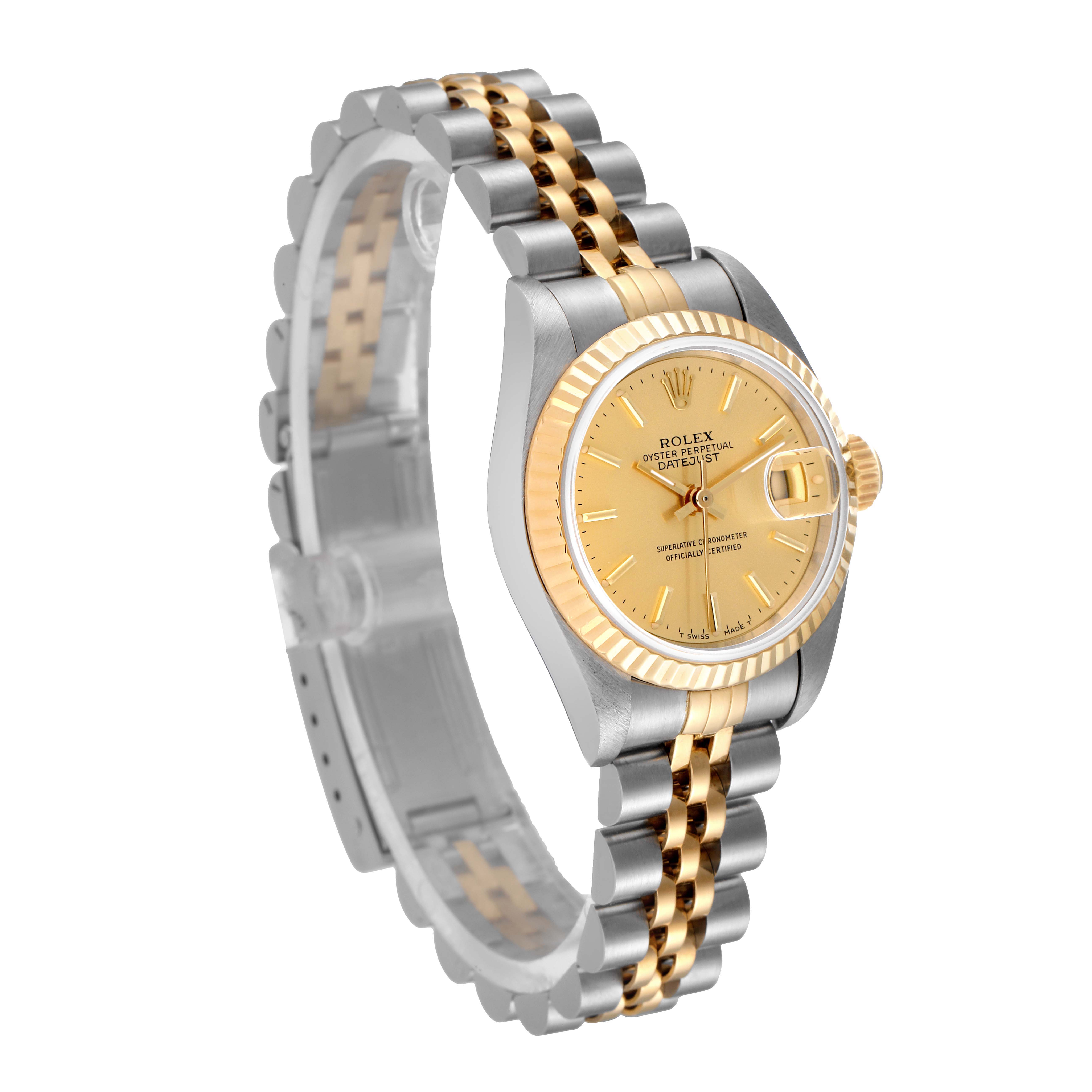 The Rolex Datejust 69173 Women
s Steel and Gold (two tone) Champagne Dial 69173 Women
s Steel and Gold (two tone) Champagne Dial watch is shown at a three-quarter angle, featuring its dial, bezel, and Jubilee bracelet.
