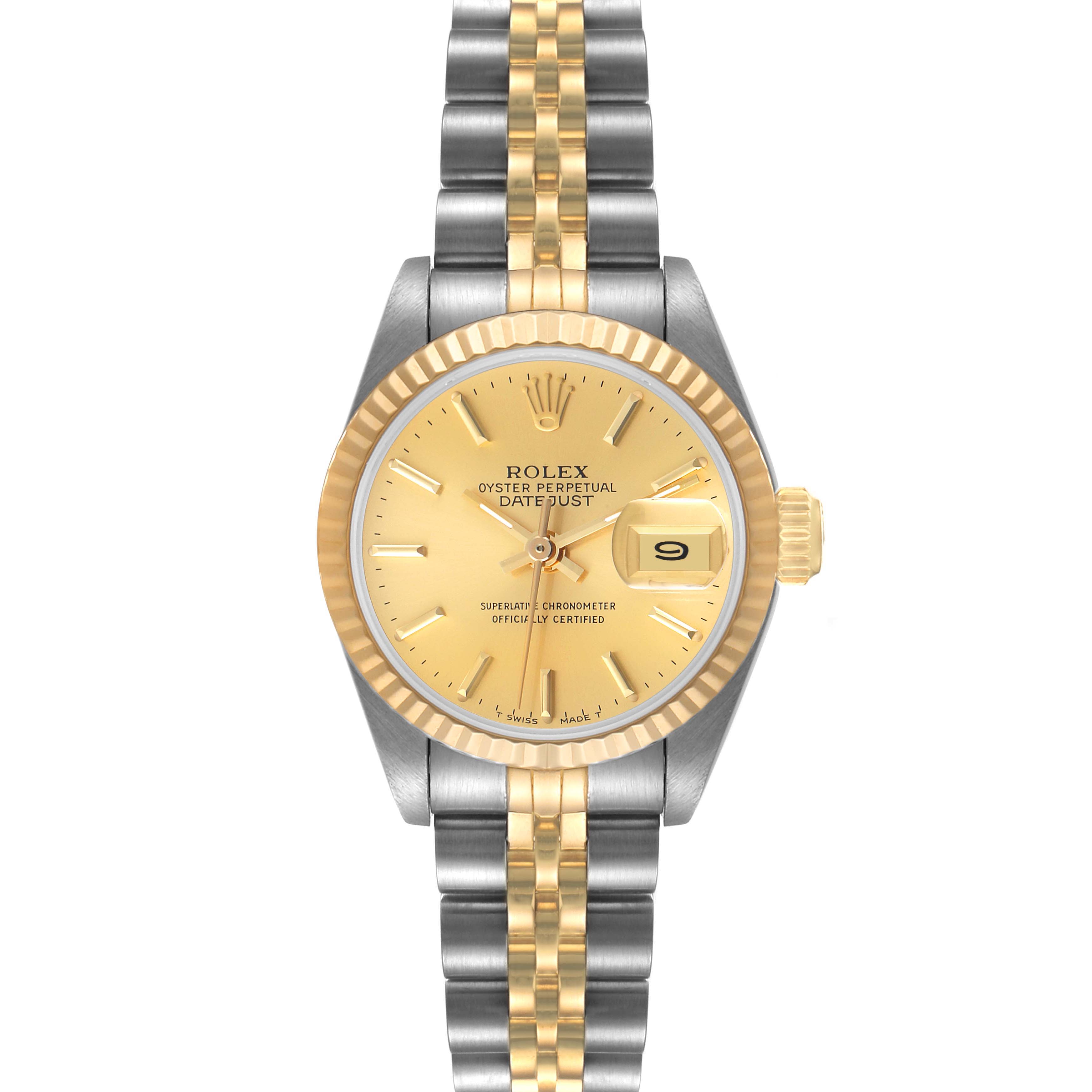 This image shows a front view of a Rolex Datejust 69173 Women
s Steel and Gold (two tone) Champagne Dial 69173 Women
s Steel and Gold (two tone) Champagne Dial watch, displaying its dial, jubilee bracelet, and fluted bezel.