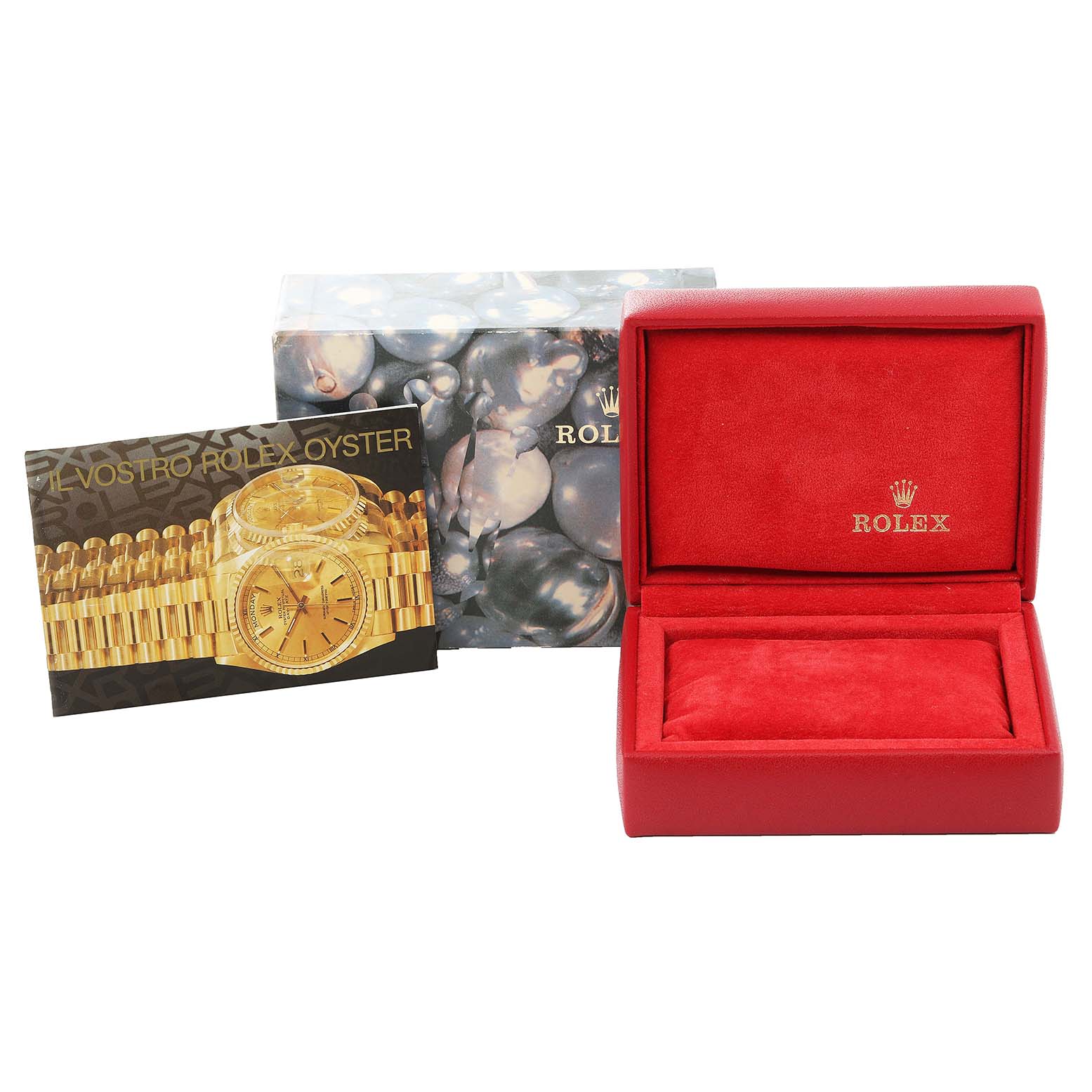 This image shows a red Rolex jewelry box, an outer box, and a card featuring the Datejust model.