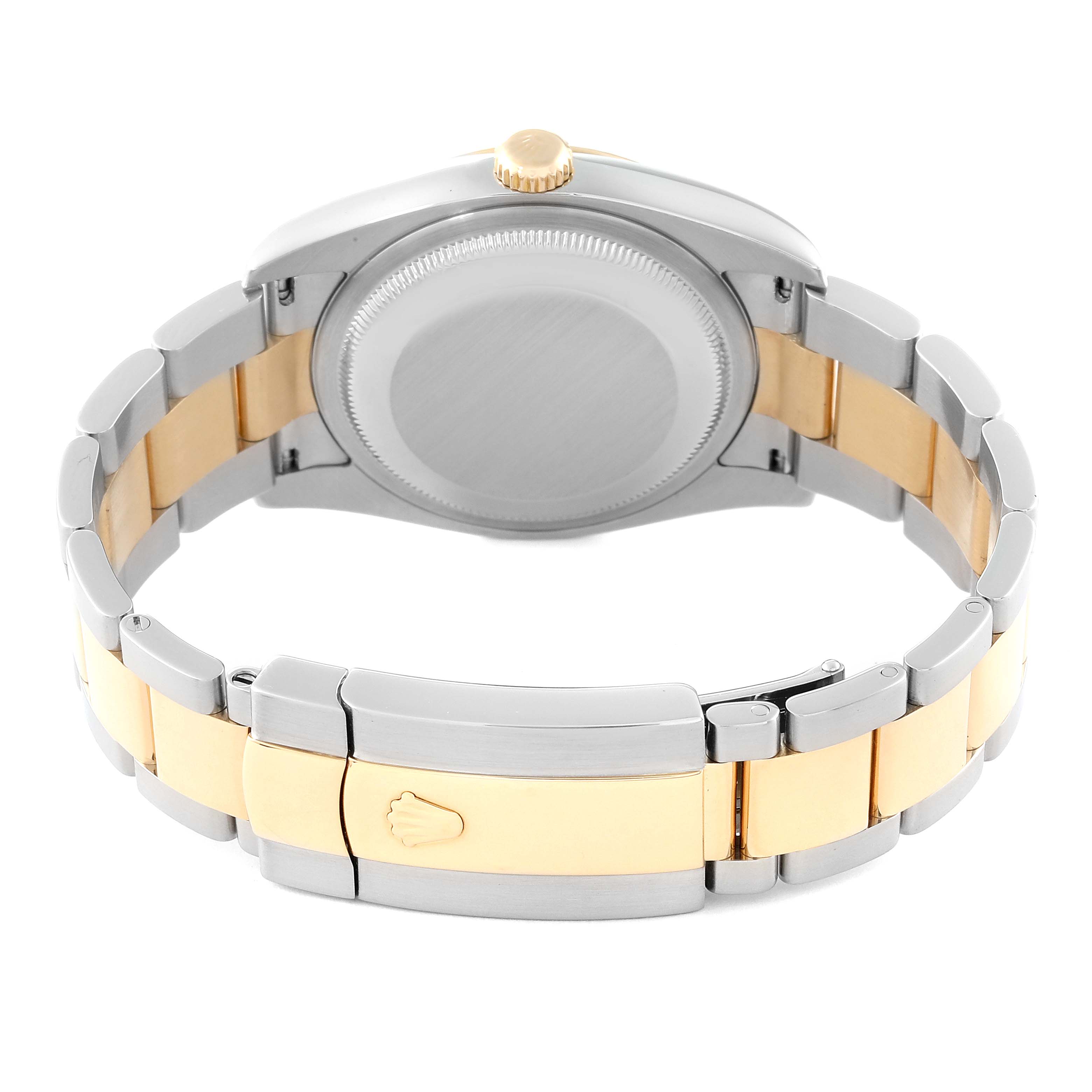 The image shows the back case and clasp of a Rolex Datejust 116233 Men's Steel and Gold (two tone) Mother of Pearl Dial 116233 Men's Steel and Gold (two tone) Mother of Pearl Dial watch, with a two-tone bracelet.