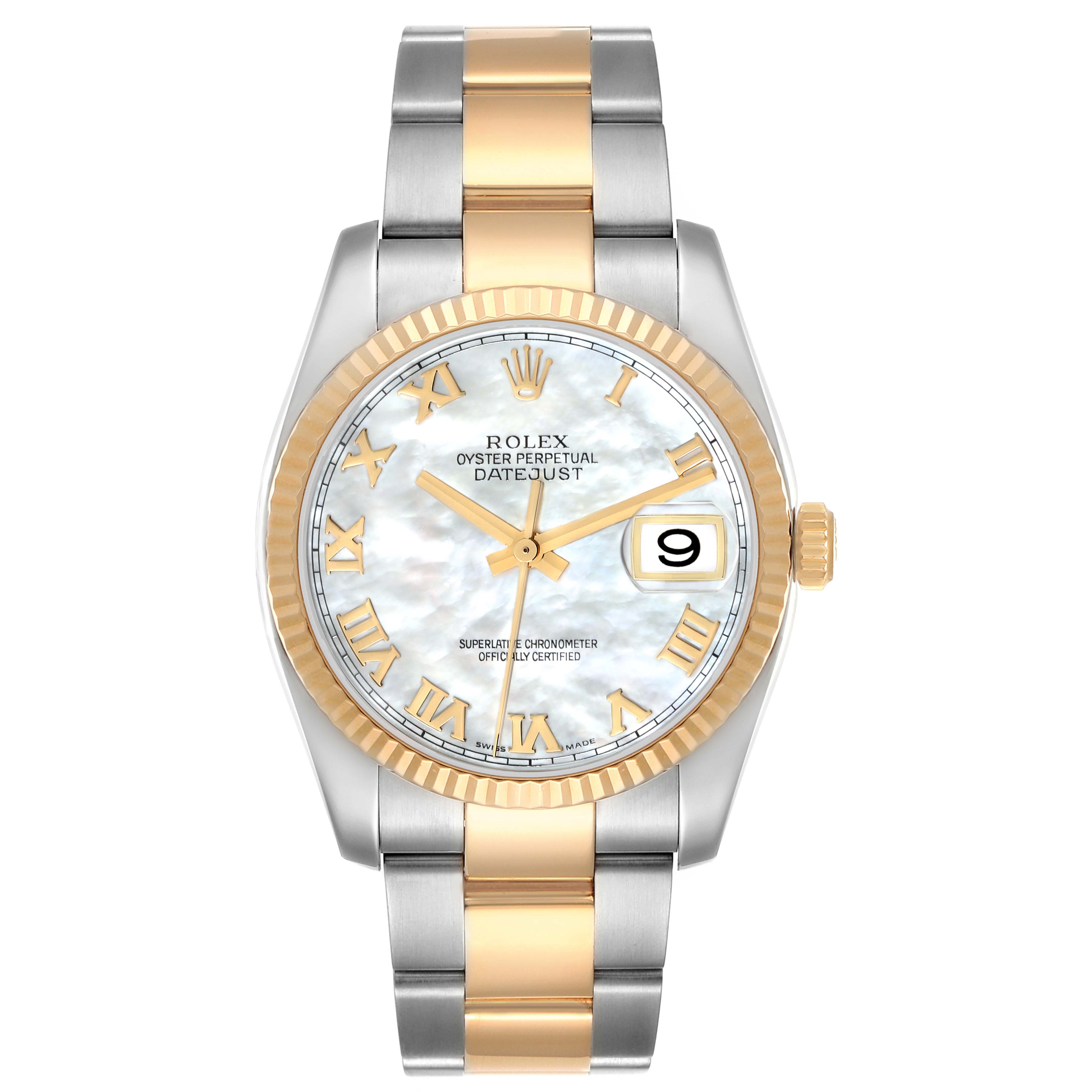The Rolex Datejust 116233 Men's Steel and Gold (two tone) Mother of Pearl Dial 116233 Men's Steel and Gold (two tone) Mother of Pearl Dial watch is shown from the front, displaying the dial, hands, bezel, crown, and bracelet.