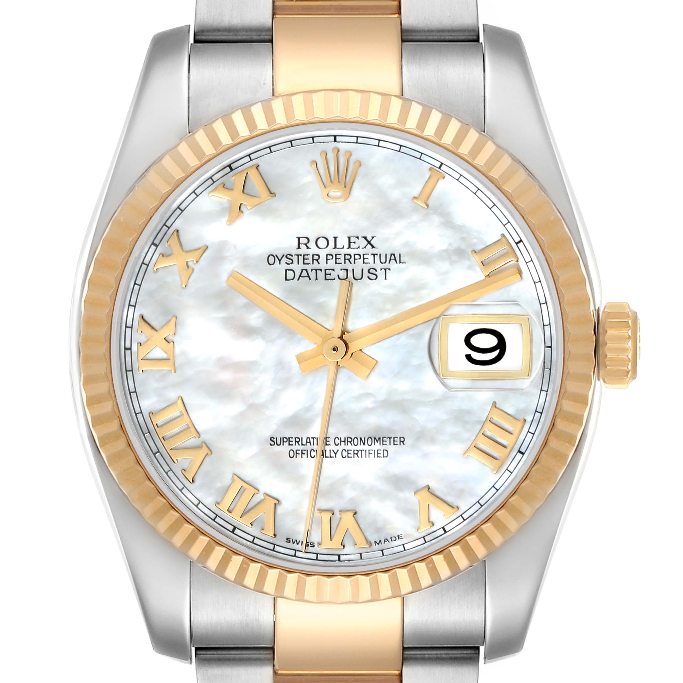 This is a close-up, front-facing shot of a Rolex Datejust 116233 Men's Steel and Gold (two tone) Mother of Pearl Dial 116233 Men's Steel and Gold (two tone) Mother of Pearl Dial watch, showing the dial, hands, bezel, crown, and part of the bracelet.