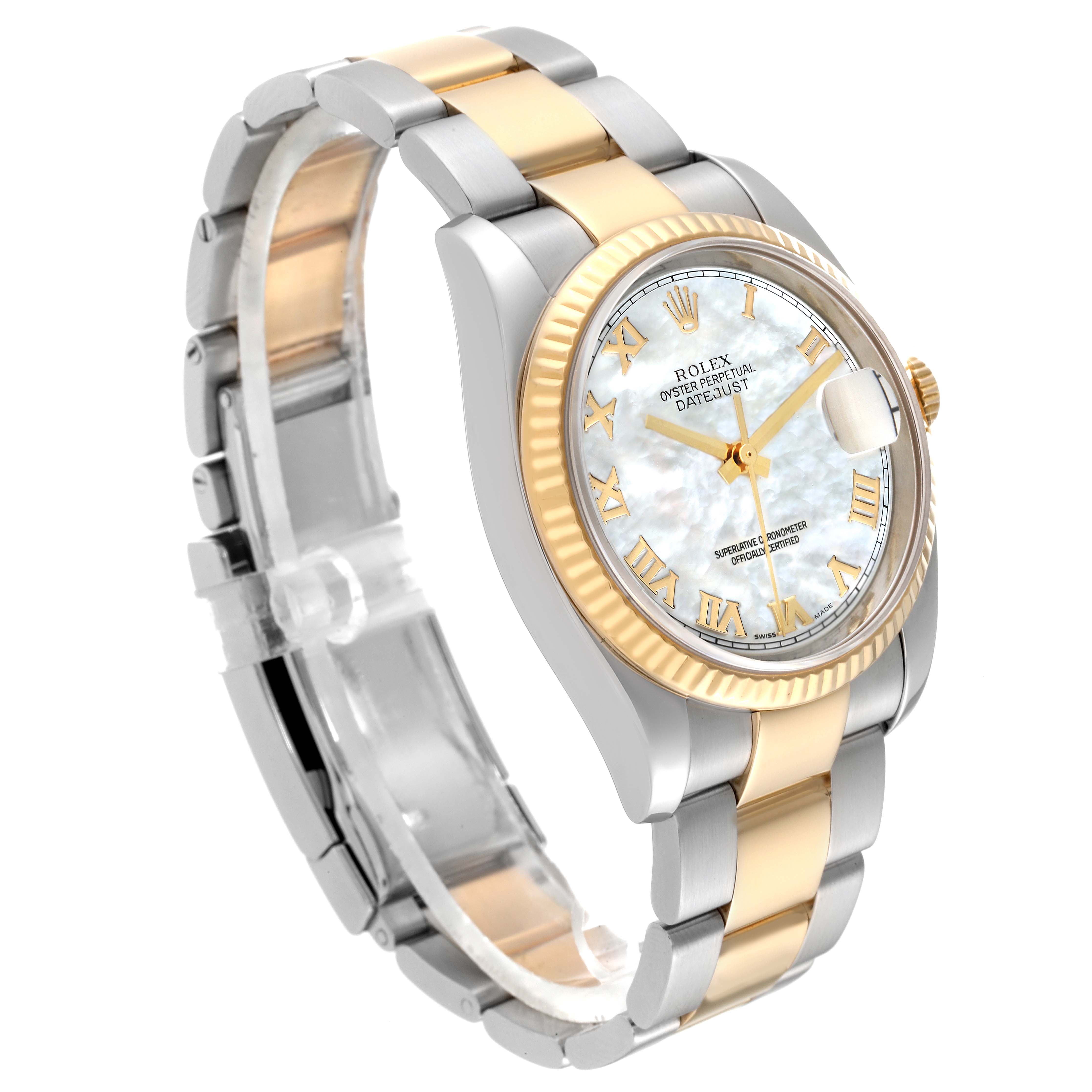 This Rolex Datejust 116233 Men's Steel and Gold (two tone) Mother of Pearl Dial 116233 Men's Steel and Gold (two tone) Mother of Pearl Dial watch is shown at a 3/4 angle, highlighting its two-tone bracelet and fluted bezel.
