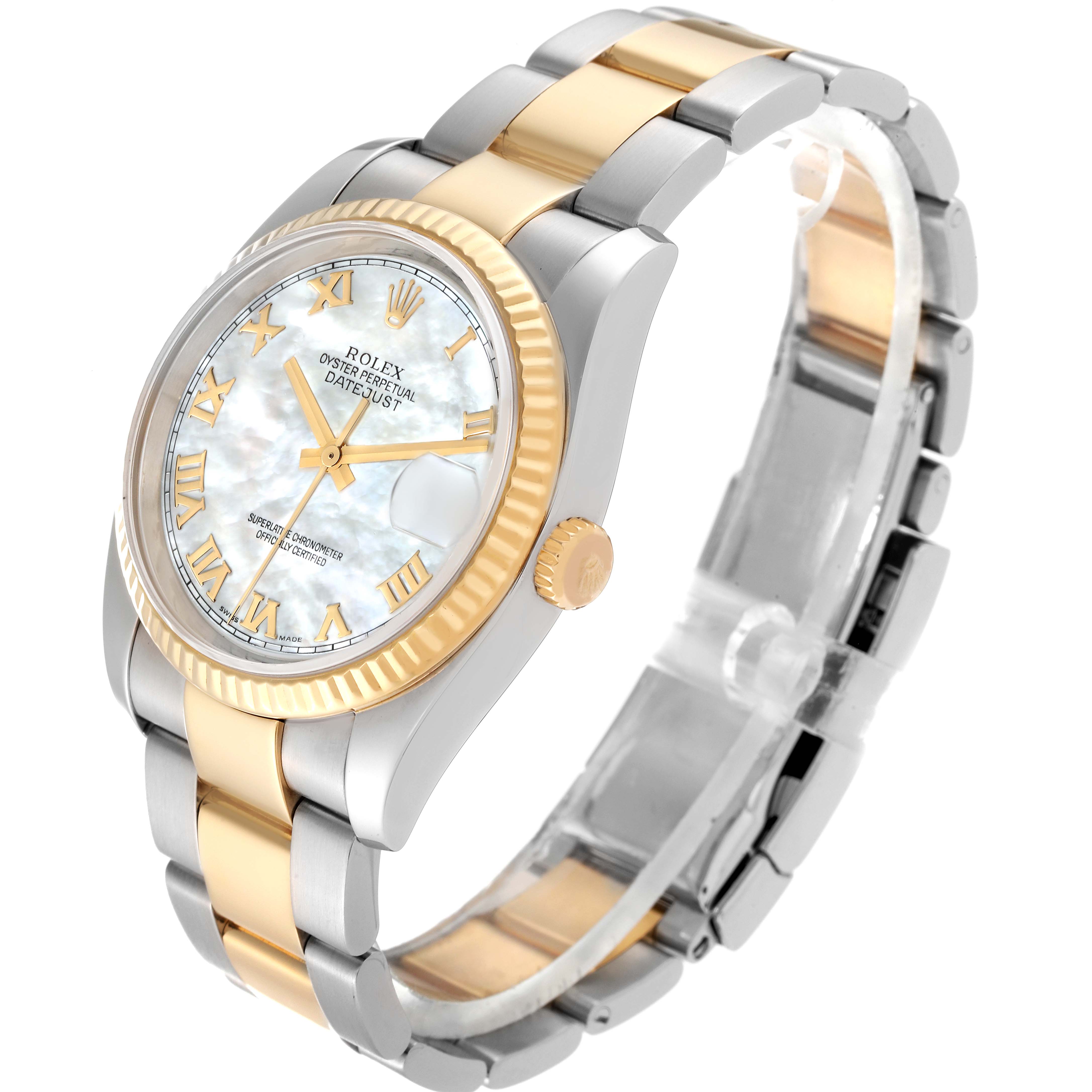 The image shows a Rolex Datejust 116233 Men's Steel and Gold (two tone) Mother of Pearl Dial 116233 Men's Steel and Gold (two tone) Mother of Pearl Dial watch at a slight angle, highlighting its dial, bezel, crown, and two-tone bracelet.