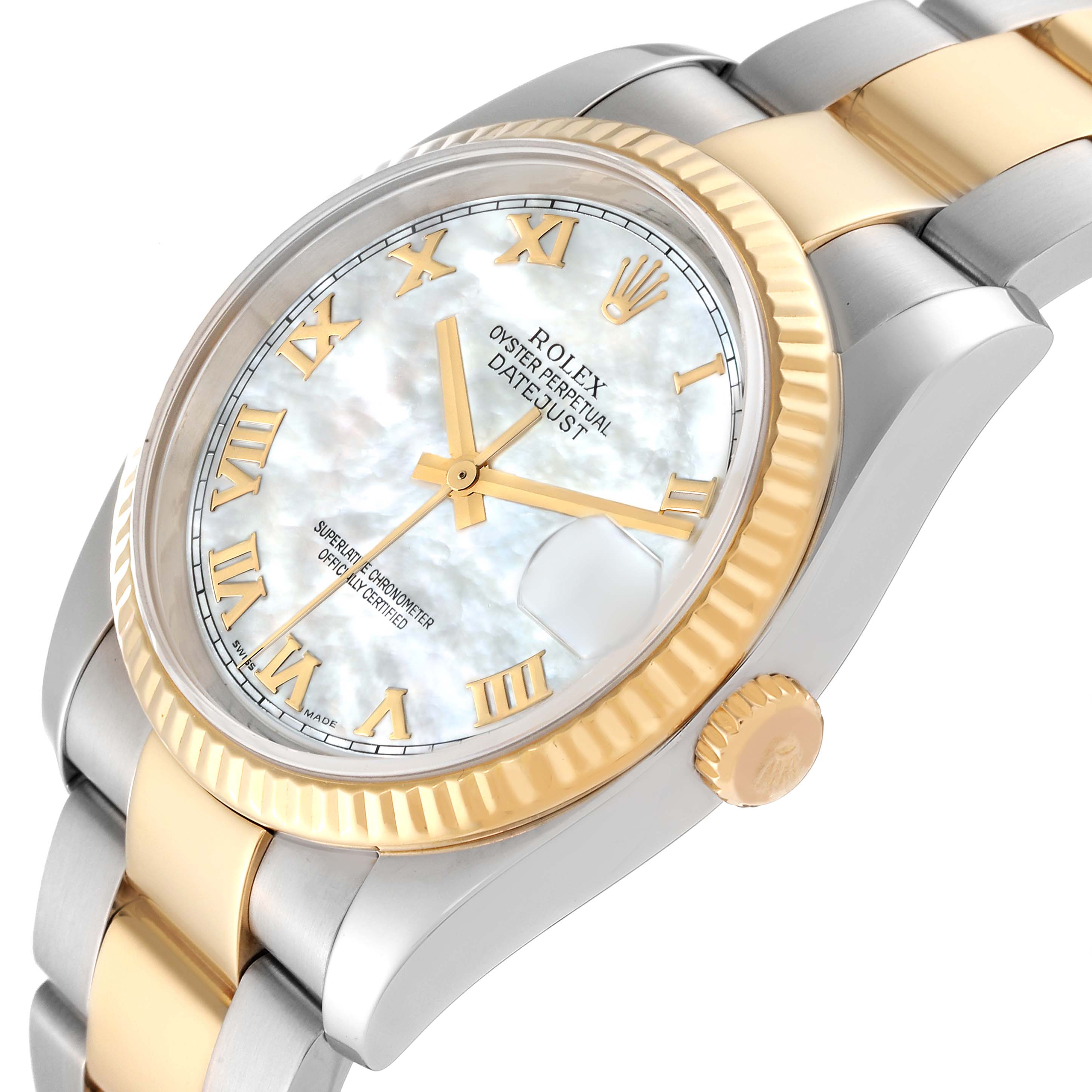 This image displays a tilted angle of a Rolex Datejust 116233 Men's Steel and Gold (two tone) Mother of Pearl Dial 116233 Men's Steel and Gold (two tone) Mother of Pearl Dial watch, highlighting the dial, bezel, and bracelet.