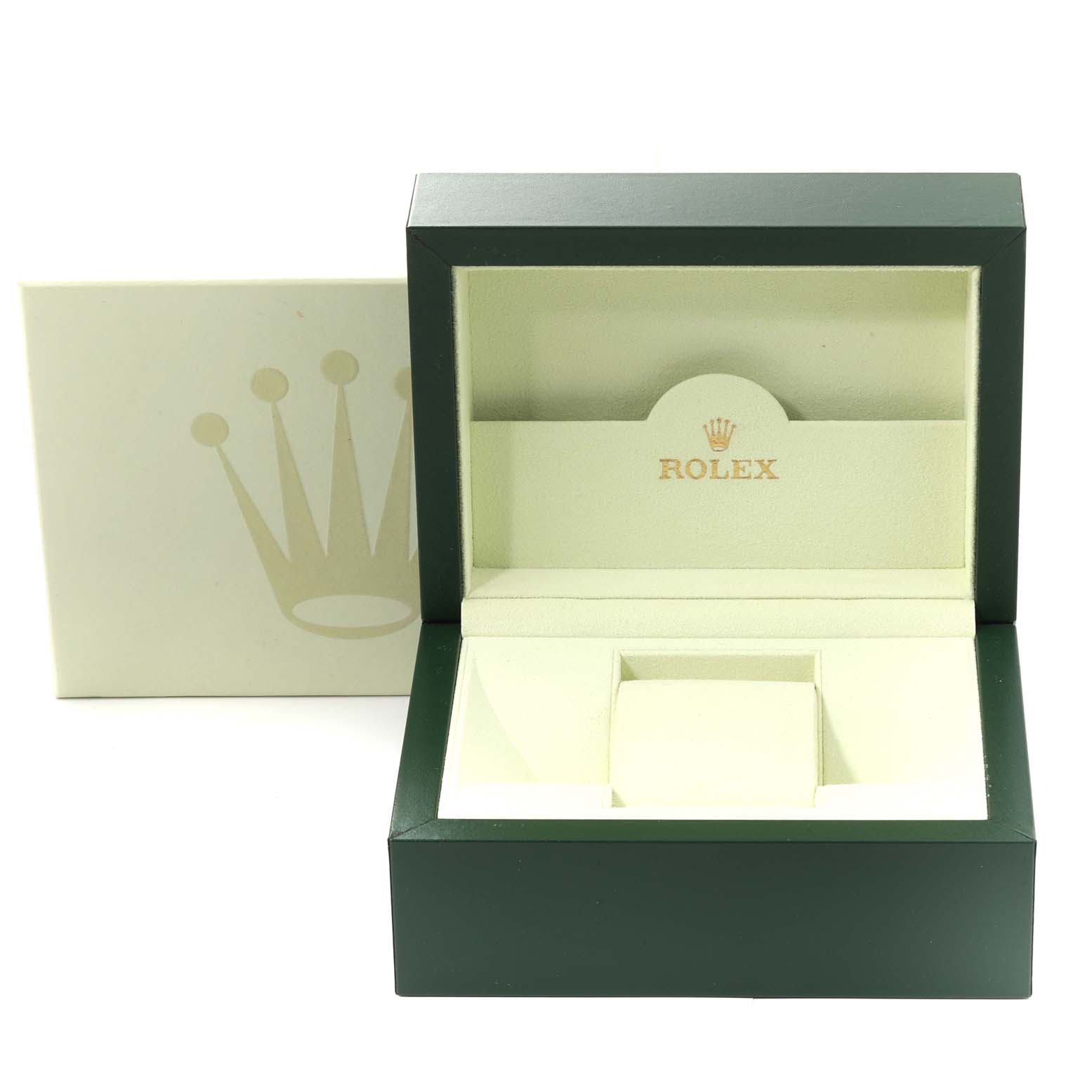 This image shows an open Rolex Datejust 116233 Men's Steel and Gold (two tone) Mother of Pearl Dial 116233 Men's Steel and Gold (two tone) Mother of Pearl Dial watch box from a front angle, displaying the cushion and interior branding.