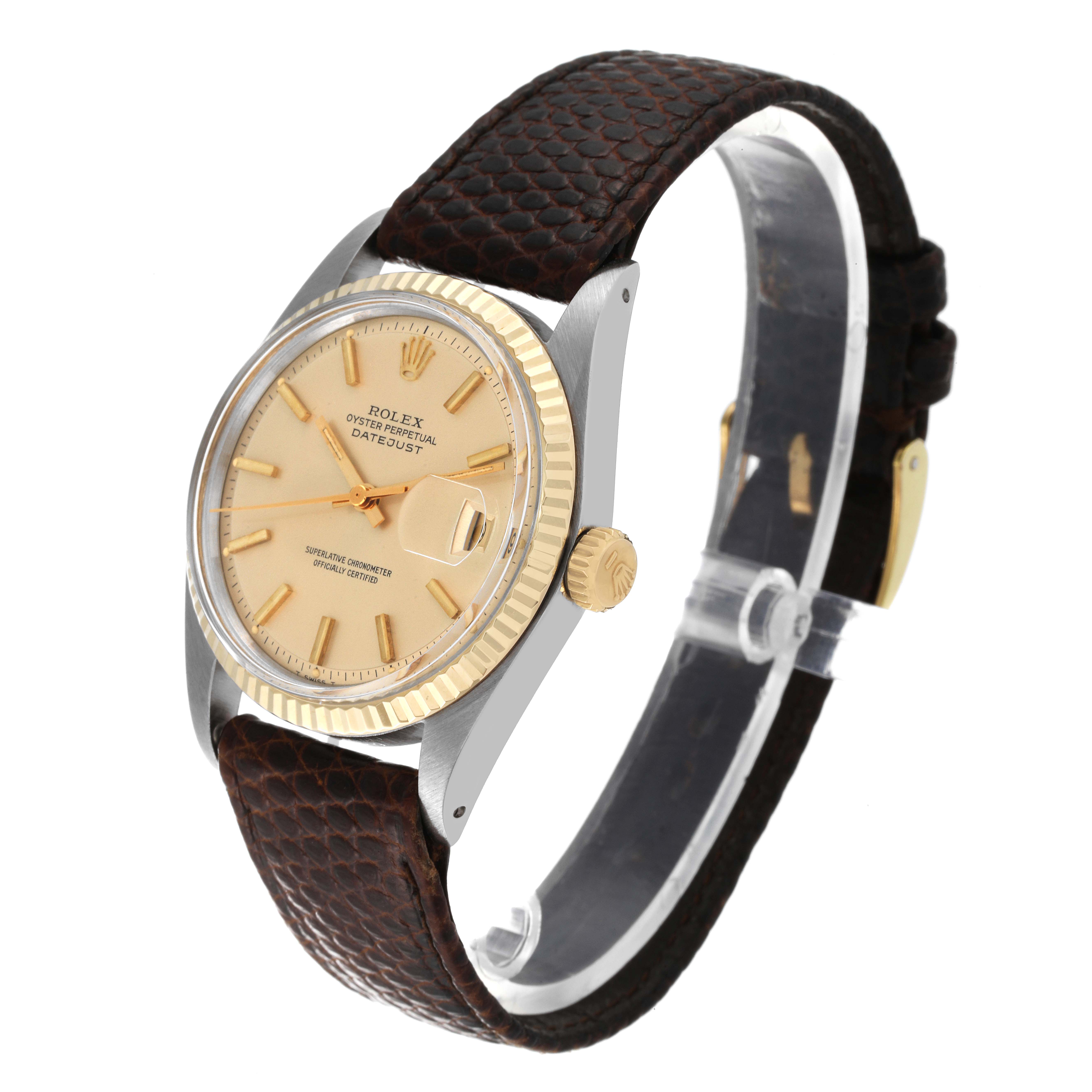 The Rolex Vintage Collection 1601 Men's Steel and Gold (two tone) Silver Dial 1601 Men's Steel and Gold (two tone) Silver Dial model is shown at an angled side view, highlighting its dial, crown, and textured leather strap.