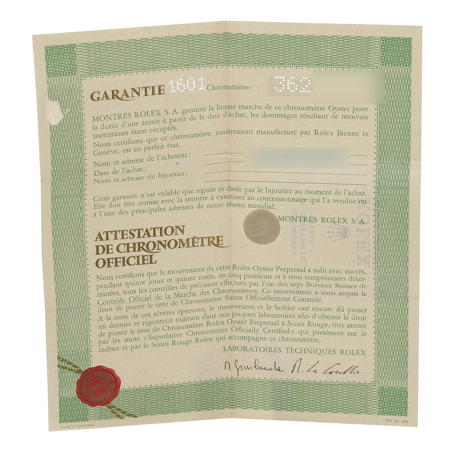 The image shows the warranty card of a Vintage Collection model by Rolex, with the brand name and certification details visible.