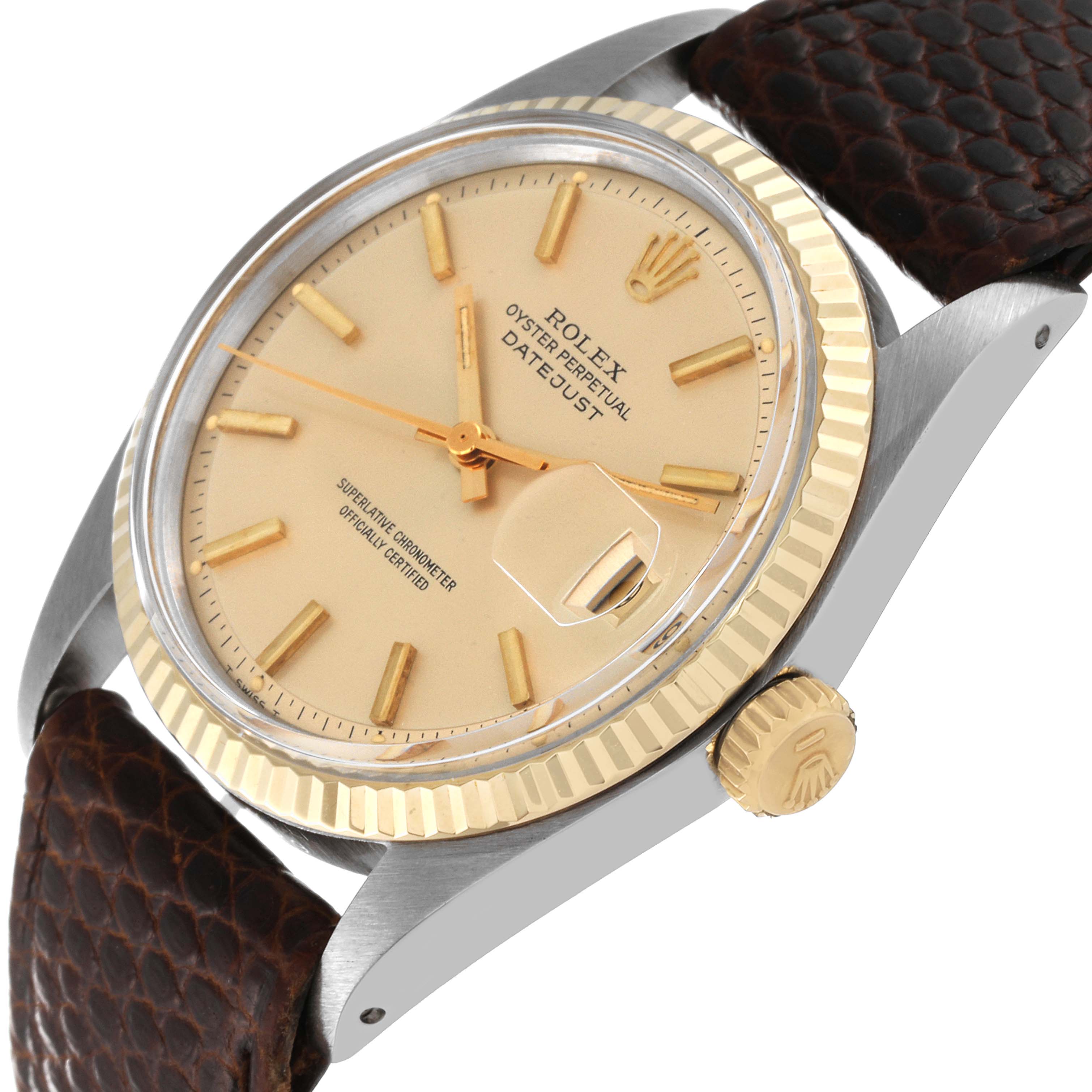 The Vintage Collection Rolex watch is shown from a tilted side angle, highlighting the dial, crown, bezel, and strap.
