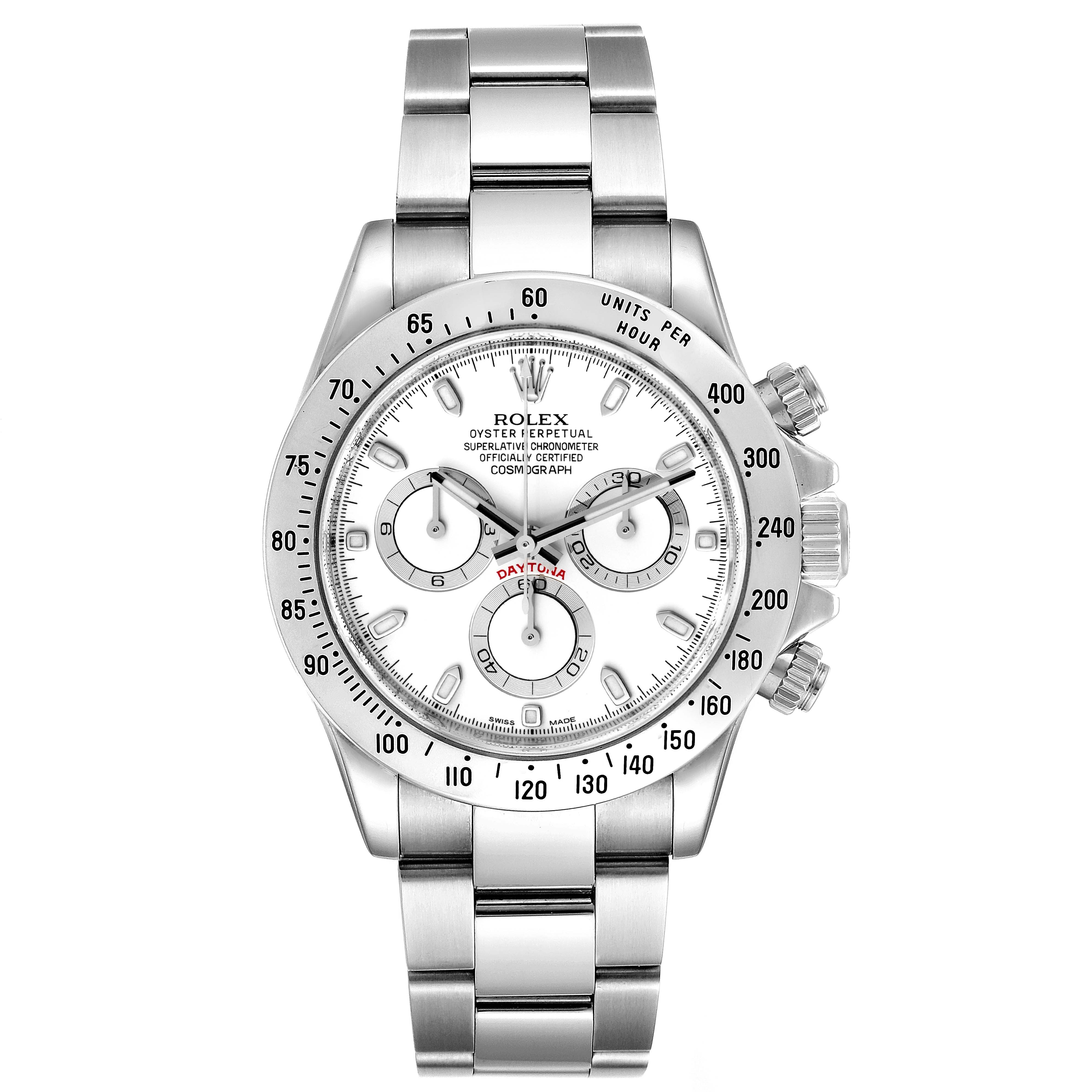 The image shows a full frontal view of a Rolex Daytona 116520 Men's Stainless Steel White Dial 116520 Men's Stainless Steel White Dial watch, displaying its face, bezel, and bracelet.