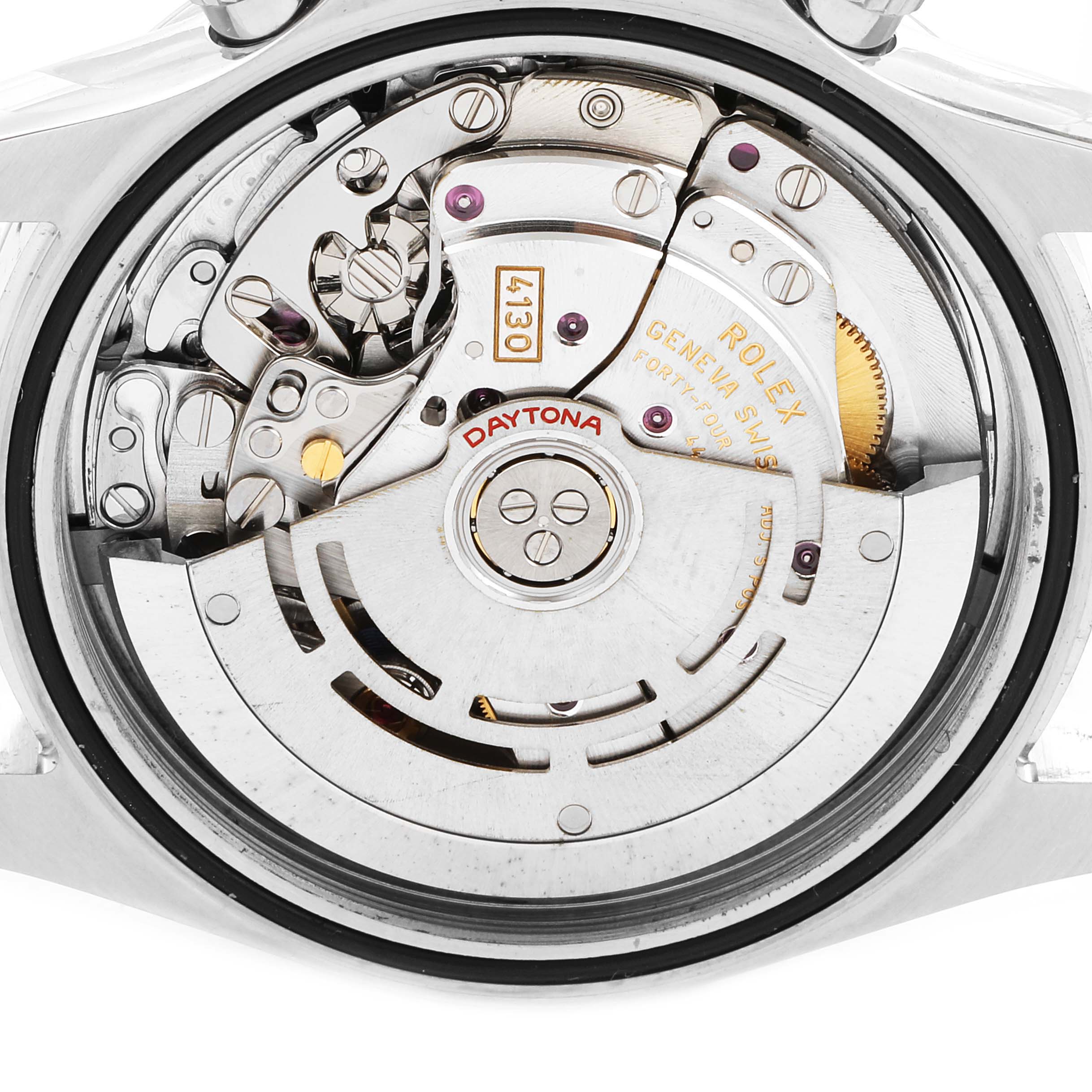 The image shows the inner mechanism of a Rolex Daytona 116520 Men's Stainless Steel White Dial 116520 Men's Stainless Steel White Dial watch from the rear angle, revealing the intricate components.