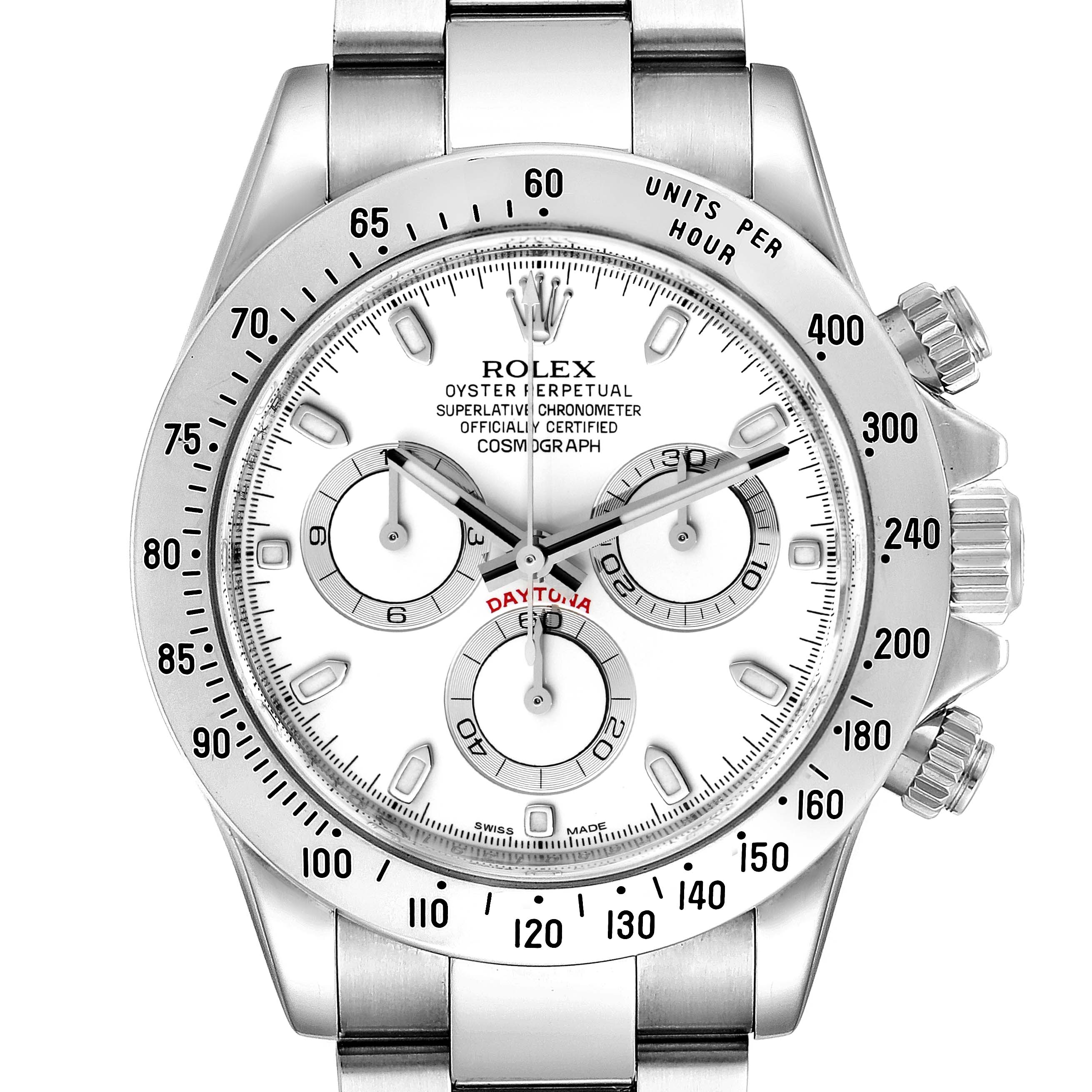 This image shows a front view of the Rolex Daytona 116520 Men's Stainless Steel White Dial 116520 Men's Stainless Steel White Dial watch, displaying the dial, bezel, pushers, and part of the bracelet.