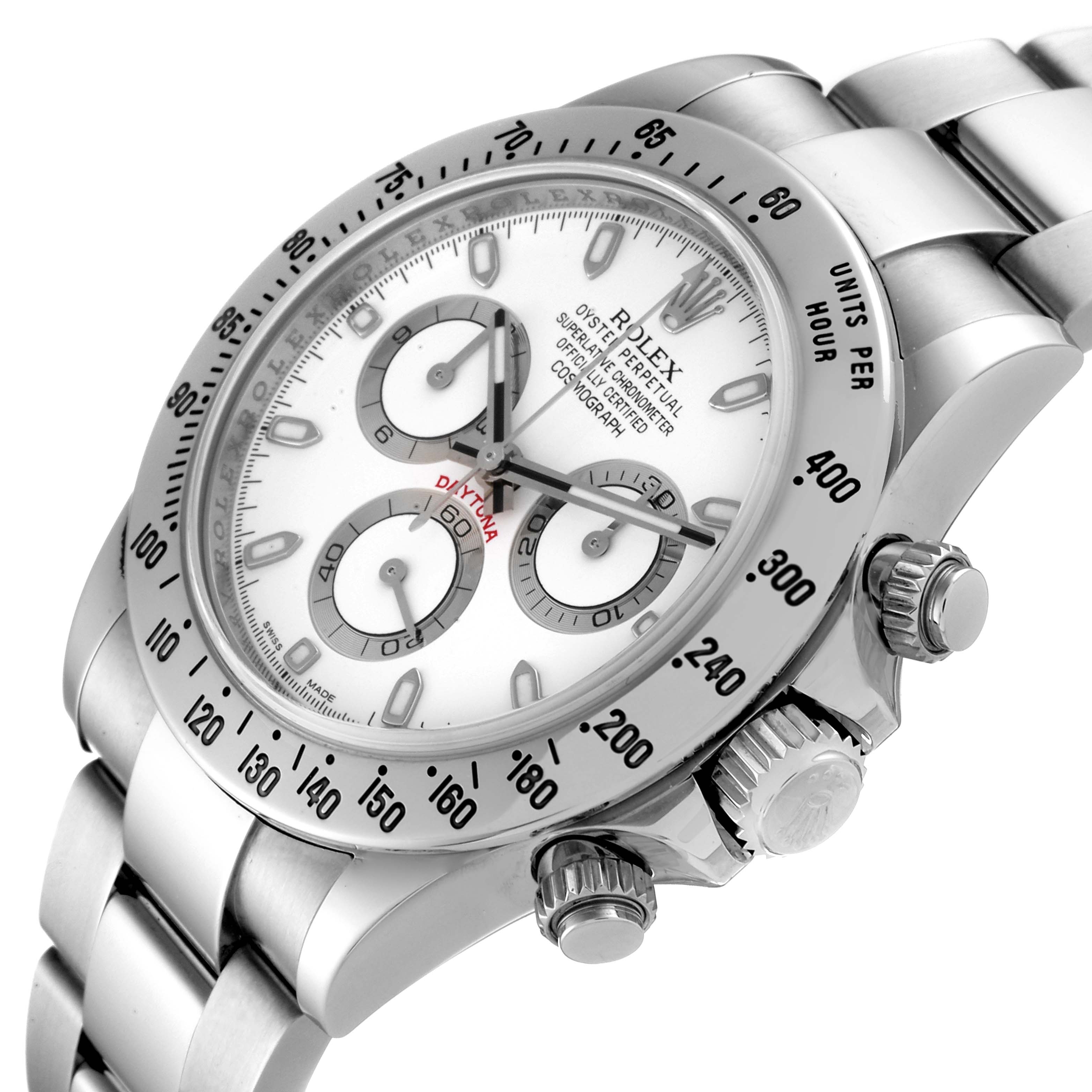 The image shows a Rolex Daytona 116520 Men's Stainless Steel White Dial 116520 Men's Stainless Steel White Dial watch at an angled view, highlighting its dial, crown, and bezel.