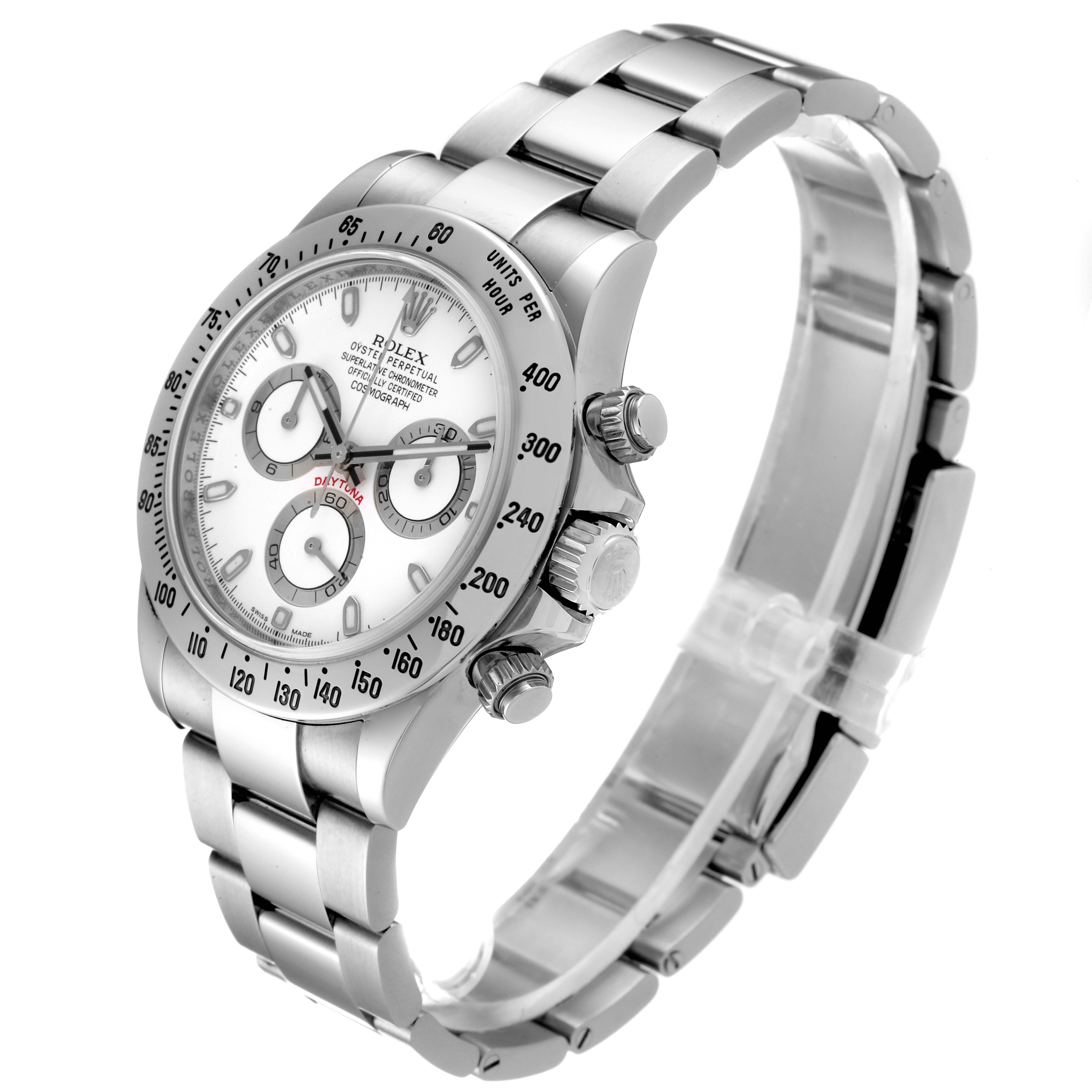 The image showcases a side and slightly angled view of the Rolex Daytona 116520 Men's Stainless Steel White Dial 116520 Men's Stainless Steel White Dial watch, highlighting its face, case, bezel, and bracelet.