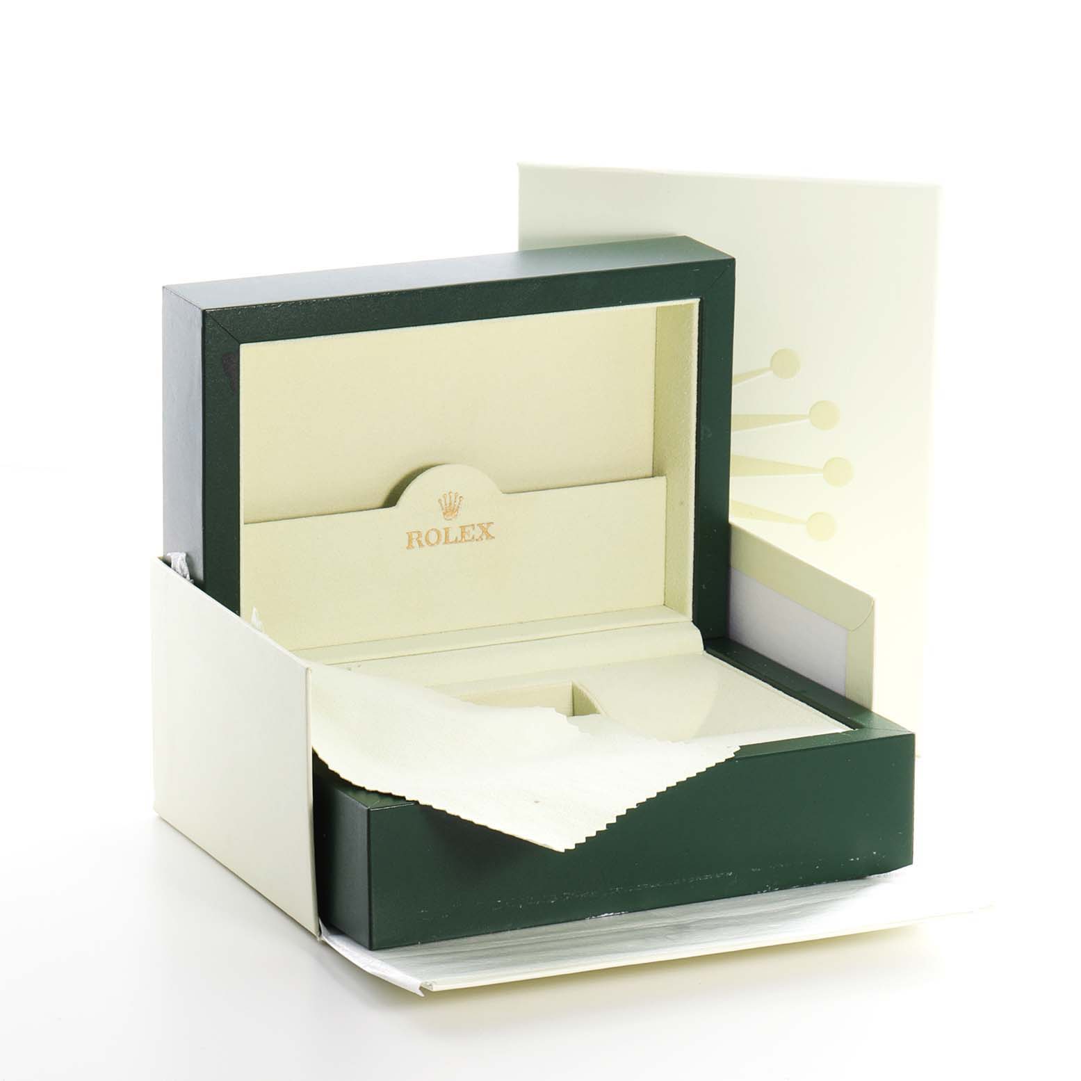 The image shows an empty Rolex Daytona 116520 Men's Stainless Steel White Dial 116520 Men's Stainless Steel White Dial watch box with its inner cushion, cleaning cloth, and outer cover.