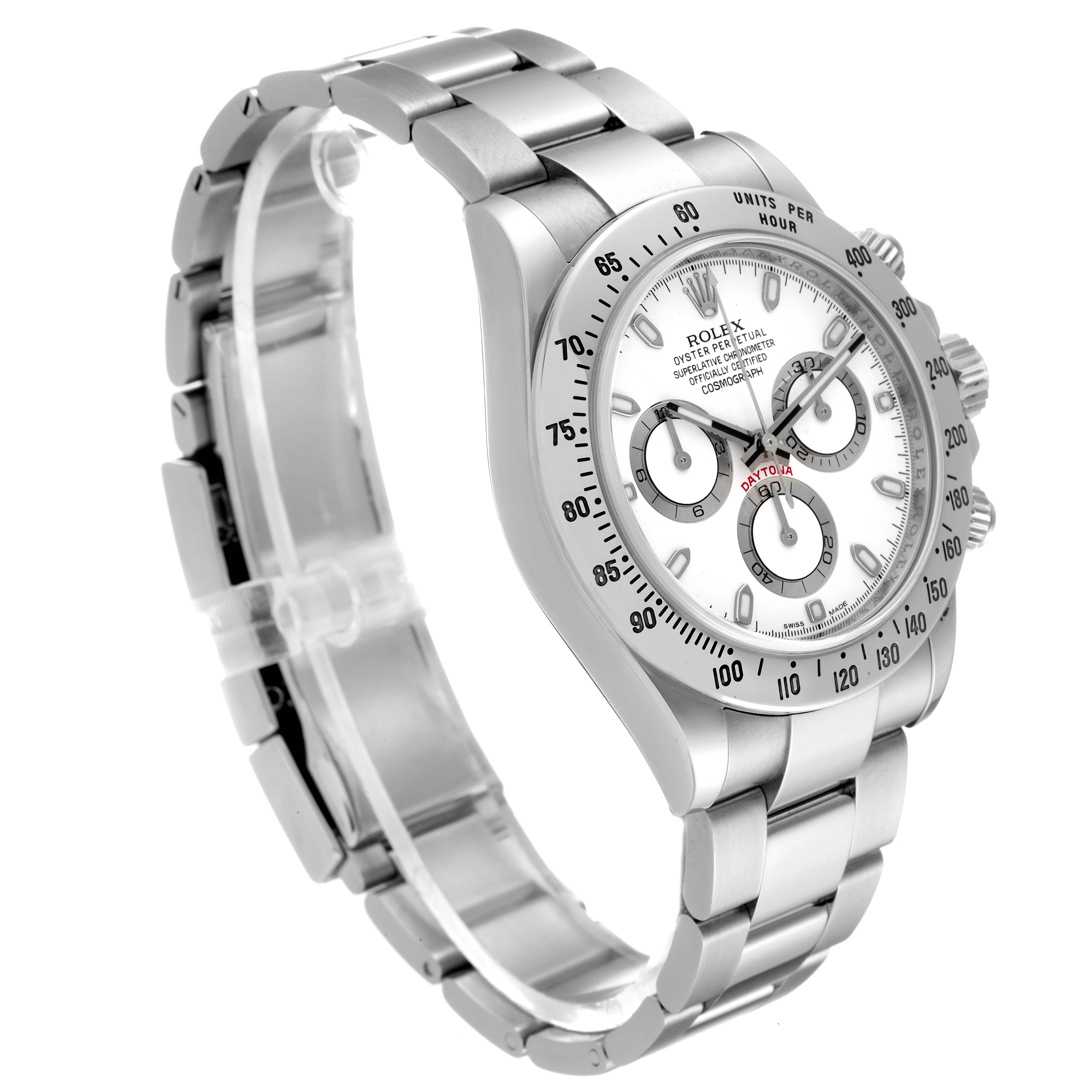 This Rolex Daytona 116520 Men's Stainless Steel White Dial 116520 Men's Stainless Steel White Dial watch is shown at a three-quarter angle, highlighting the bezel, dial, case, and bracelet.